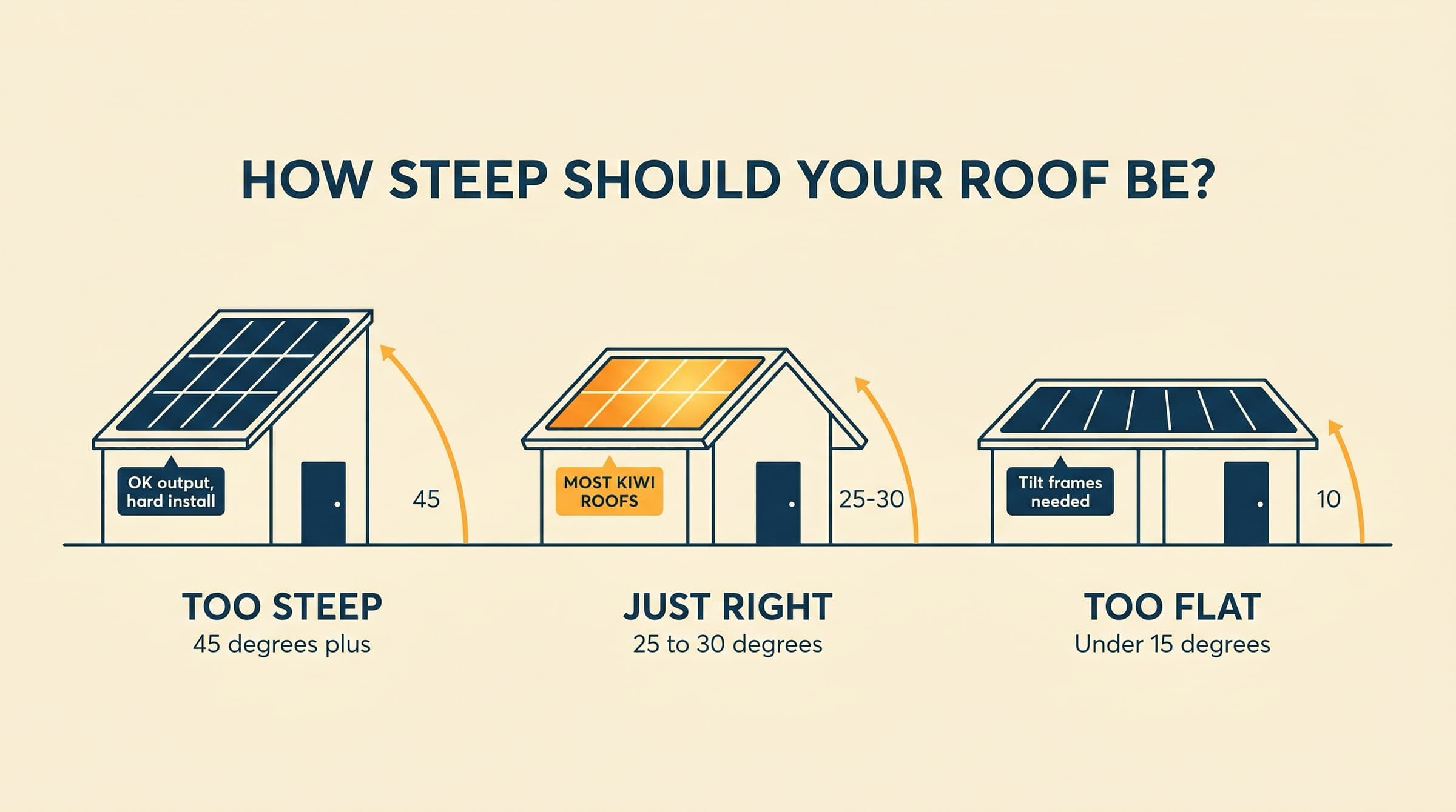 Editorial illustration of three NZ houses in side profile showing different roof pitches: too steep, just right at 25 to 30 degrees, and too flat.