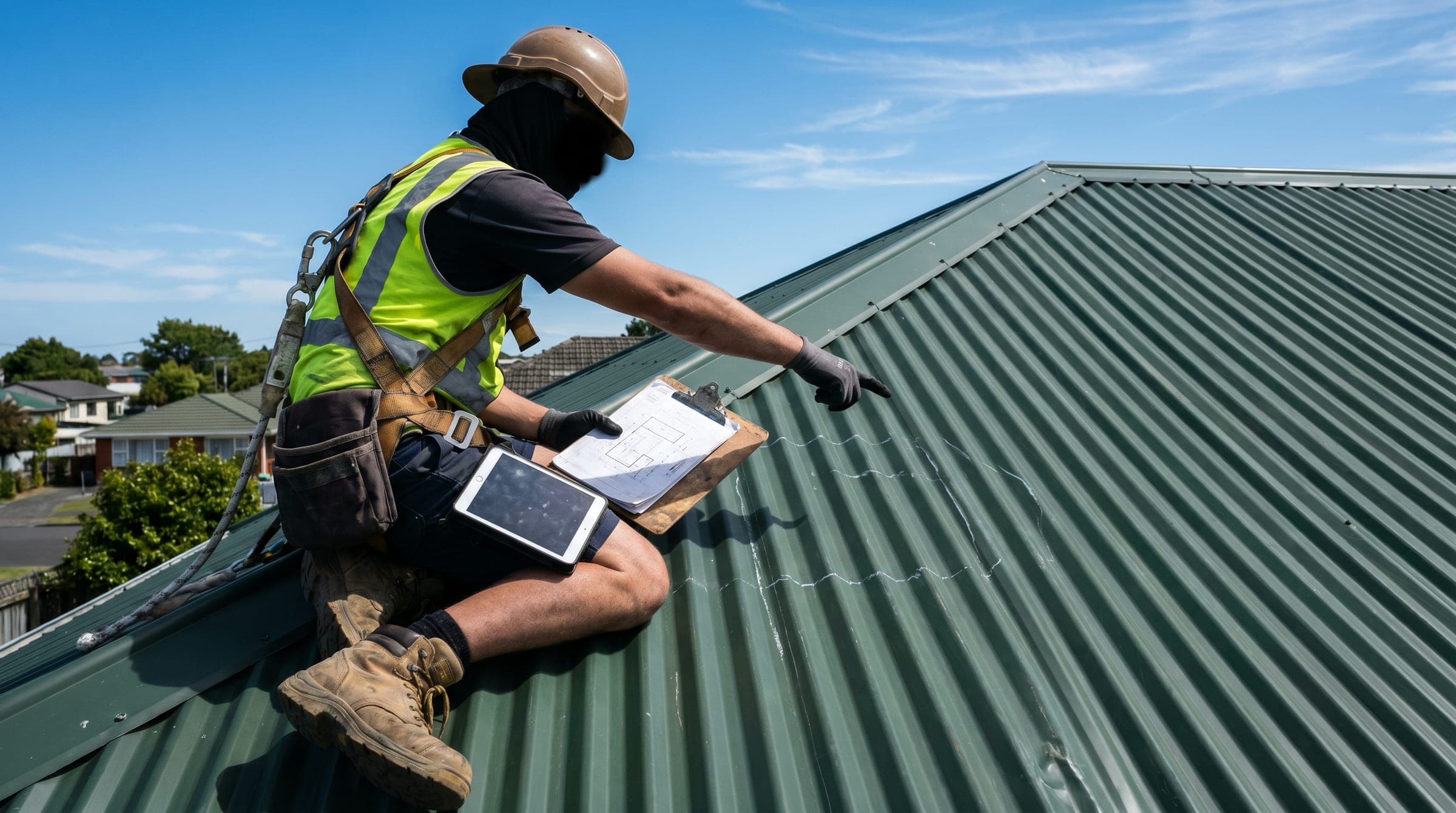 A New Zealand solar installer in hi-vis and harness doing a rooftop assessment, gesturing at the roof while planning panel placement.