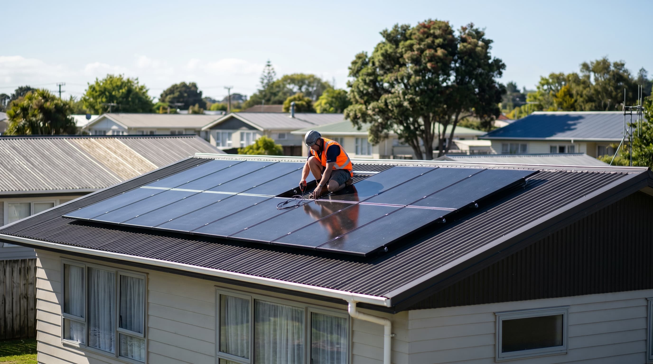A New Zealand solar installer in an orange hi-vis vest working on a 16-panel all-black array on the roof of a suburban Kiwi home, neighbouring rooftops and trees behind