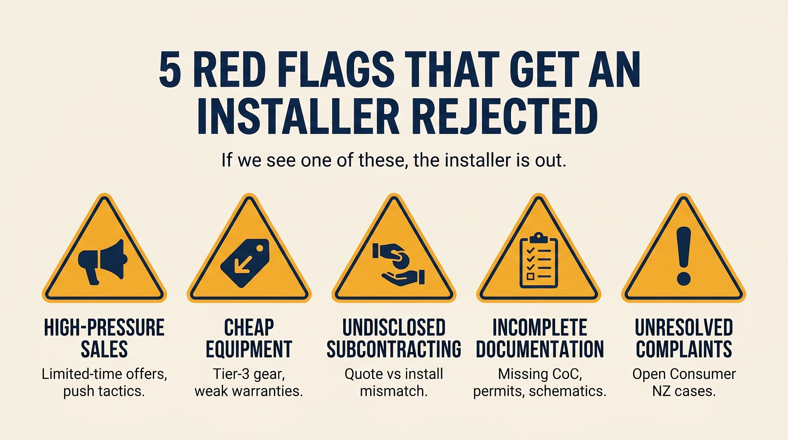 Editorial infographic showing the five red flags that get an installer rejected from the Solar Scout network: high-pressure sales tactics, cheap equipment with poor warranties, undisclosed subcontracting, incomplete documentation, and unresolved complaints
