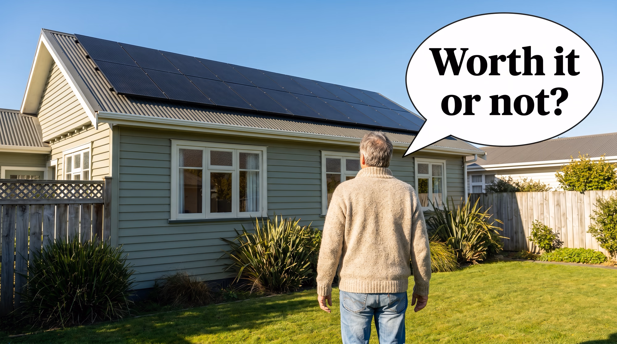 NZ homeowner standing on the front lawn looking up at their all-black solar panel array, speech bubble asking worth it or not