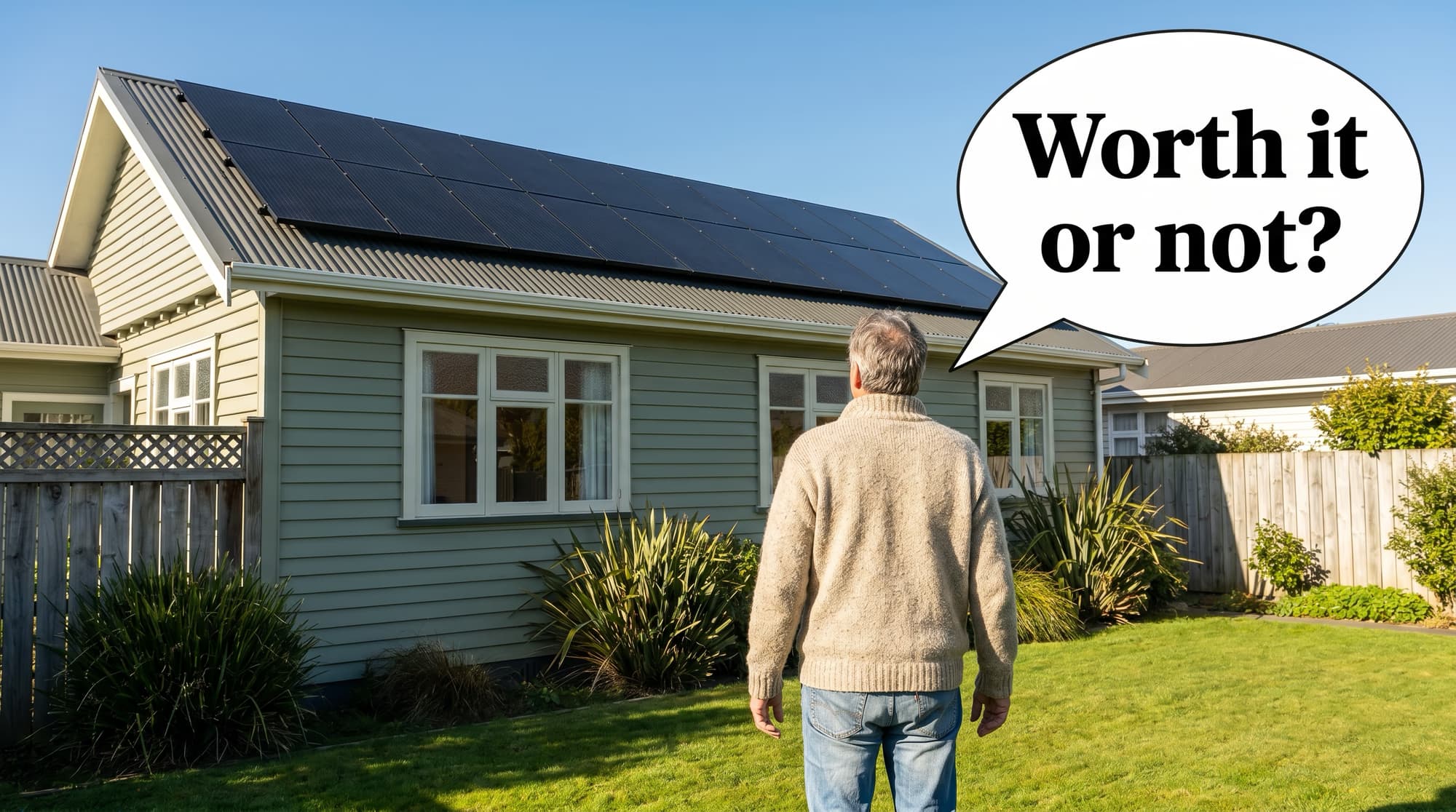 NZ homeowner standing on the front lawn looking up at their all-black solar panel array, speech bubble asking worth it or not
