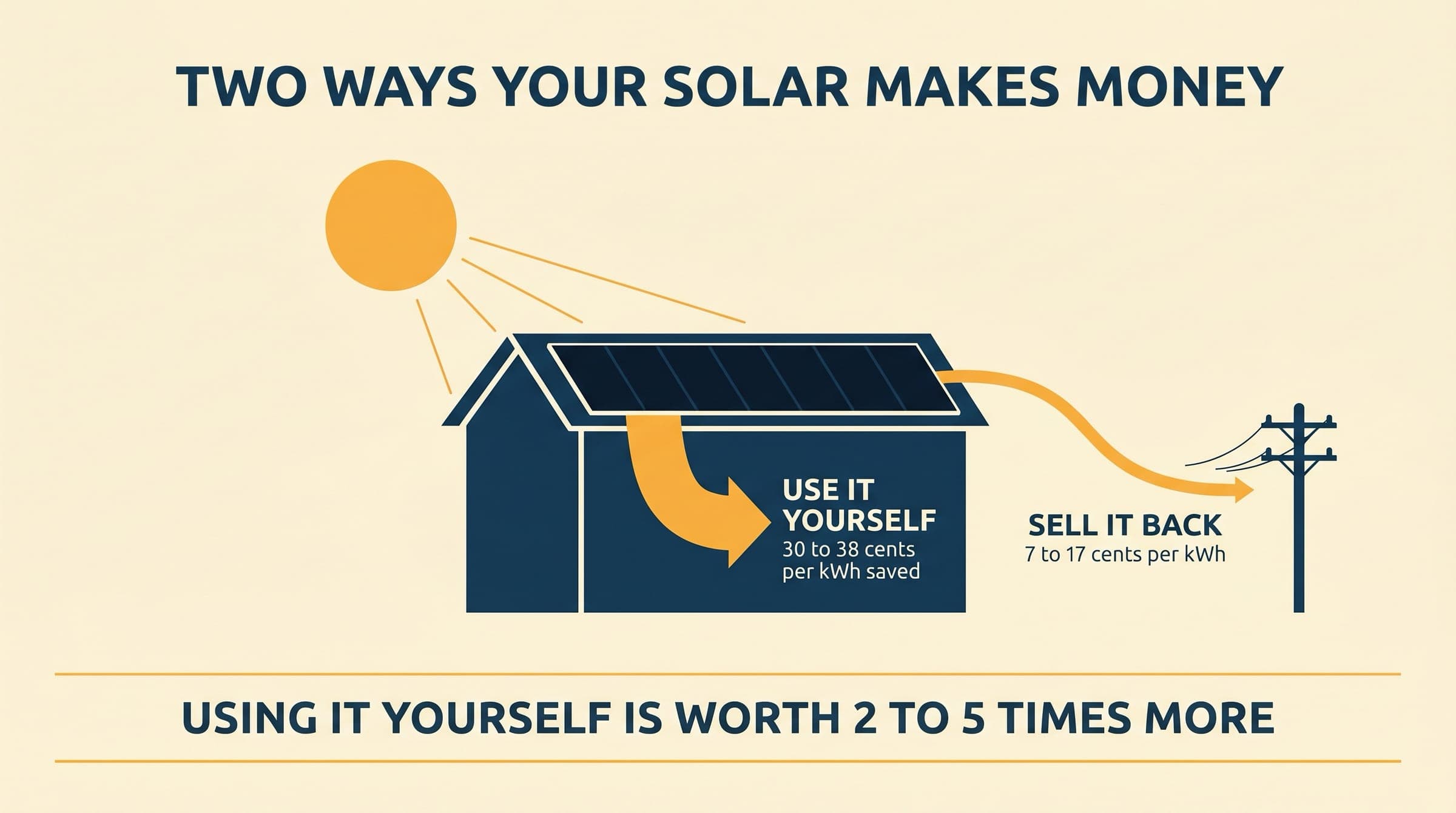 Editorial illustration of a house with solar panels: a thick amber stream of energy flows into the home (use it yourself), a thinner stream flows out to the grid (sell back)