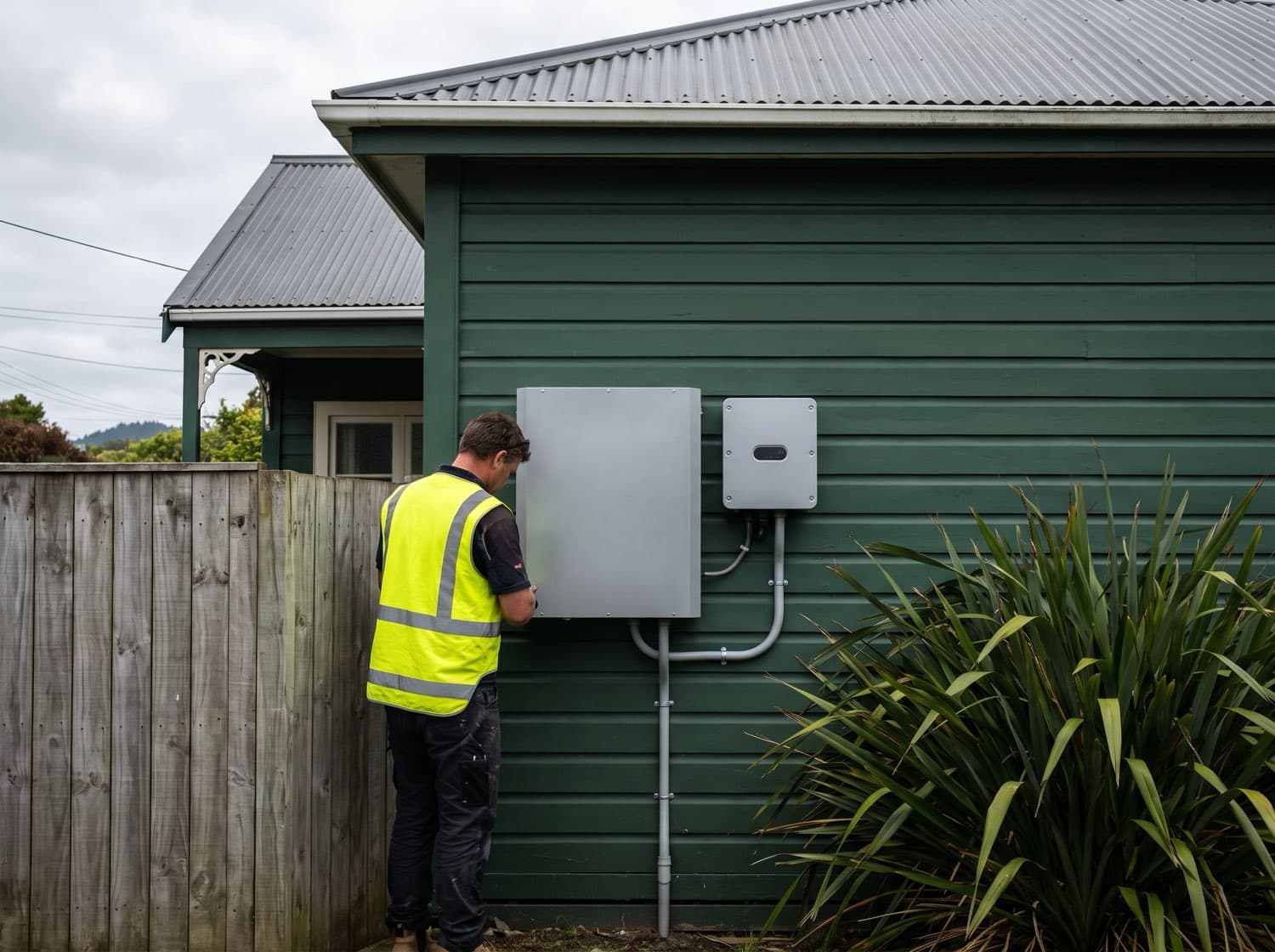 A wall-mounted home battery unit and inverter fixed to the weatherboard exterior wall of a New Zealand house, conduit running to a switchboard