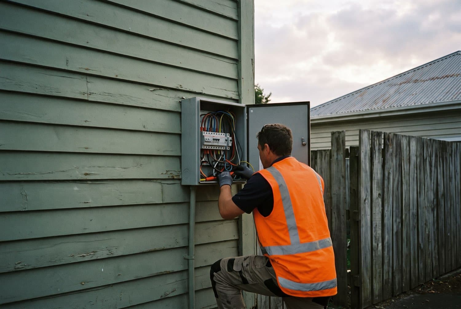 An electrician in a hi-vis vest working at an open residential switchboard on the exterior wall of a weatherboard house