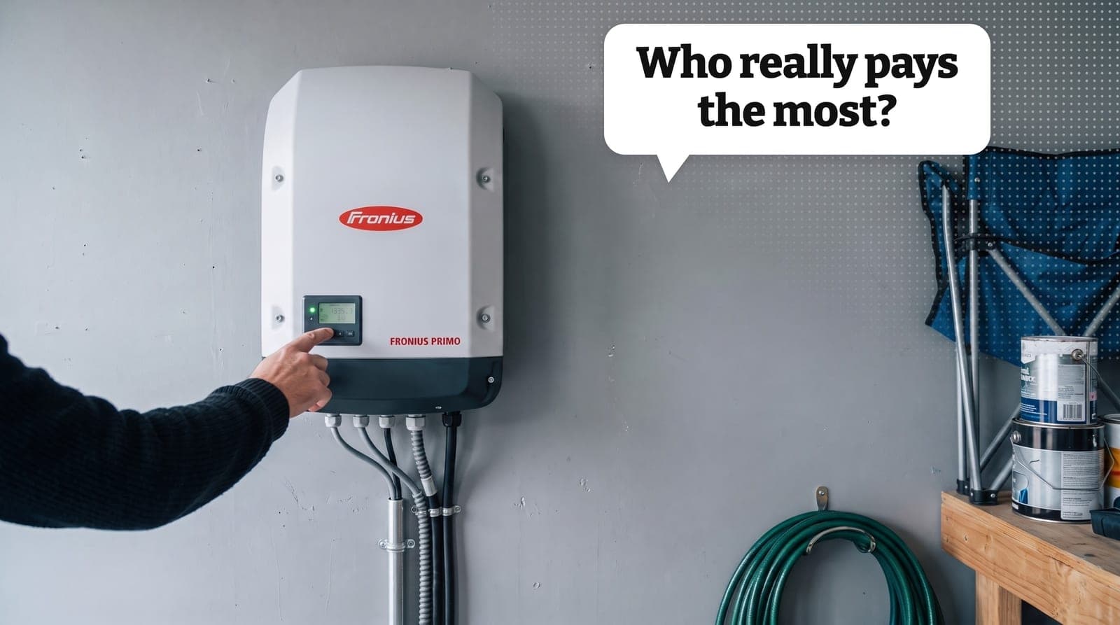 A Fronius Primo solar inverter mounted on the wall of a New Zealand home garage, a homeowner's hand checking its display, with tools on a pegboard and a coiled hose nearby