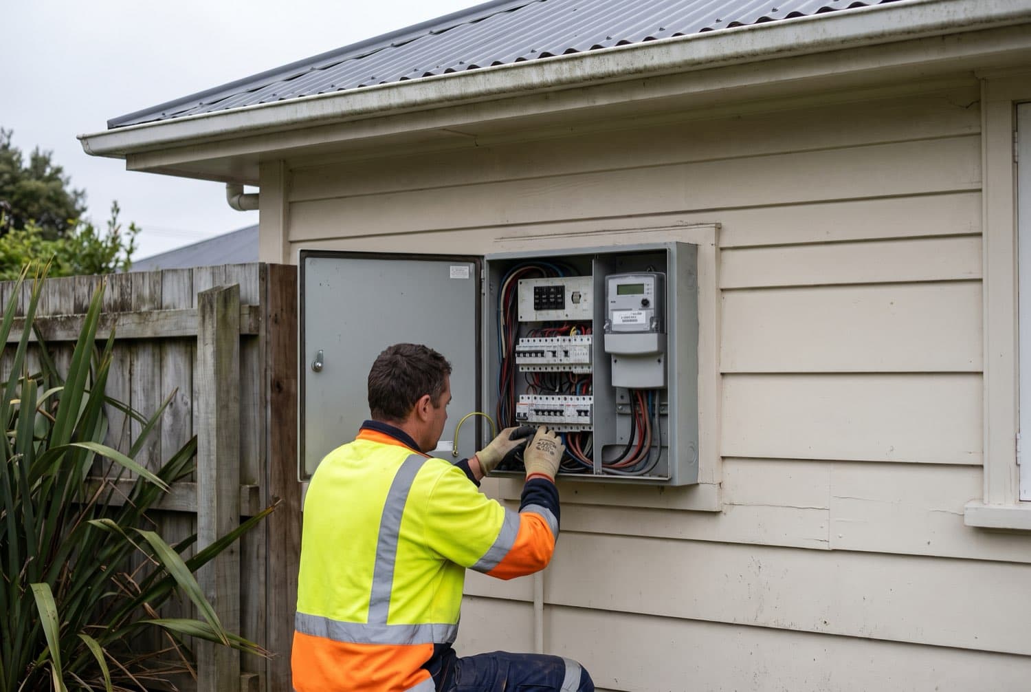 An electrician in a hi-vis vest working at an open residential meter box and switchboard on the exterior wall of a New Zealand weatherboard house