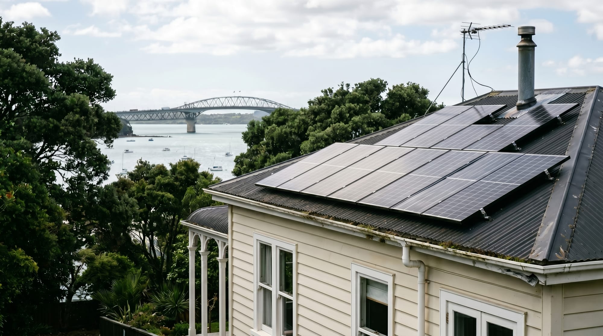 Solar panels installed on the roof of an Auckland weatherboard villa with the harbour bridge visible through trees in the distance