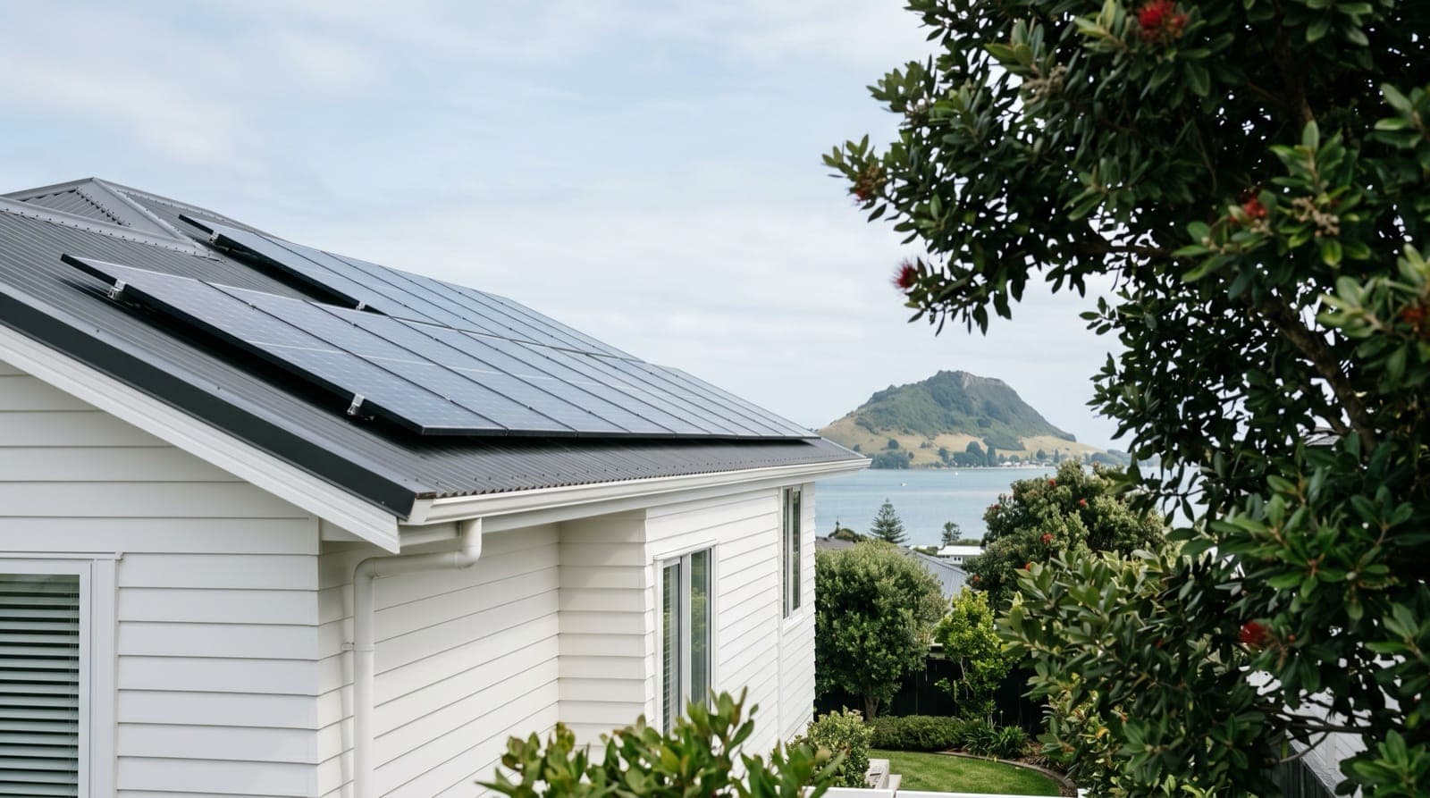 Solar panels on a Bay of Plenty coastal home with Mt Maunganui visible across the harbour