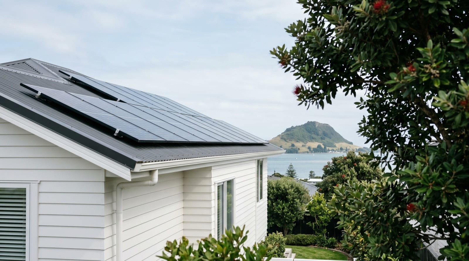 Solar panels on a Bay of Plenty coastal home with Mt Maunganui visible across the harbour