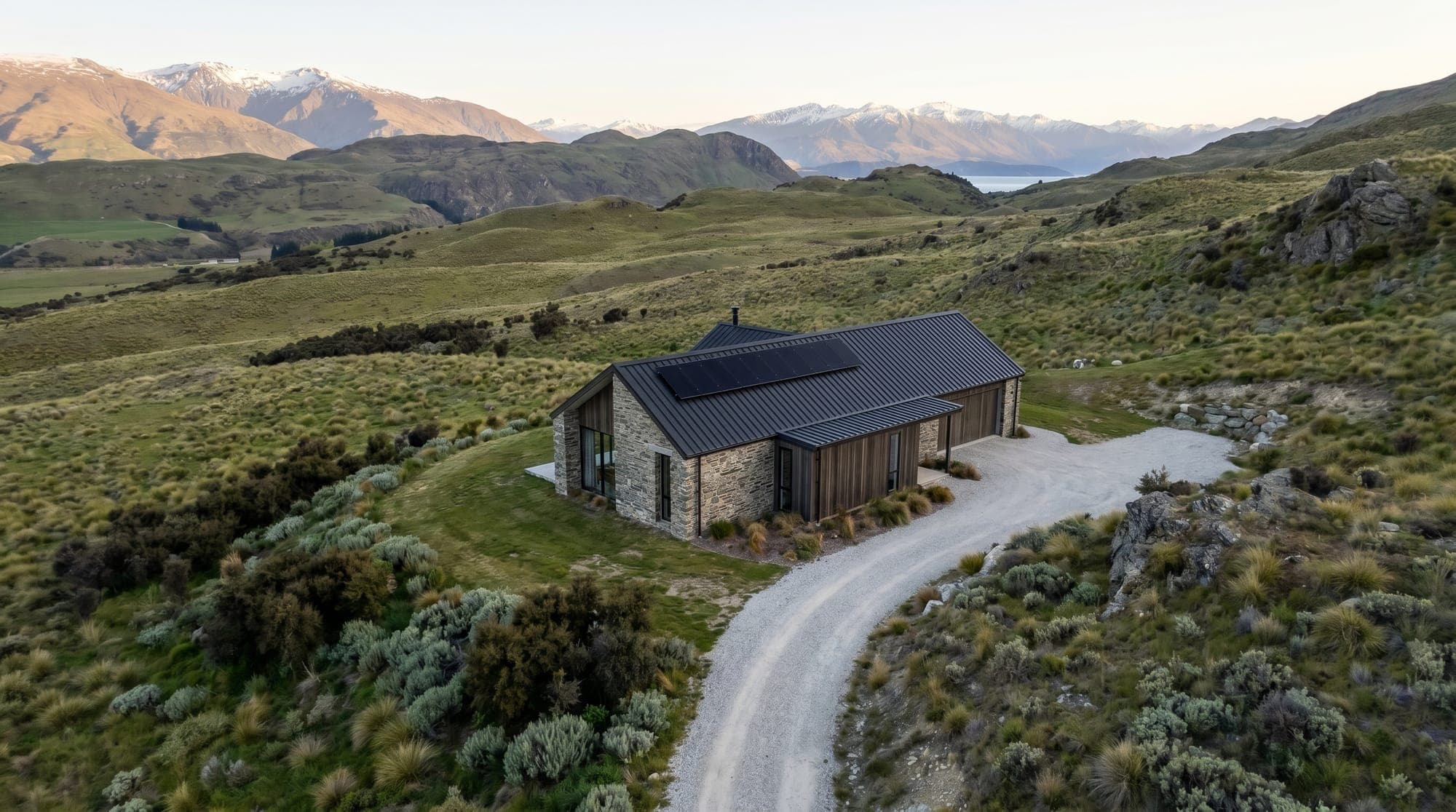 Solar panels on a Central Otago schist-stone home with golden tussock hills behind