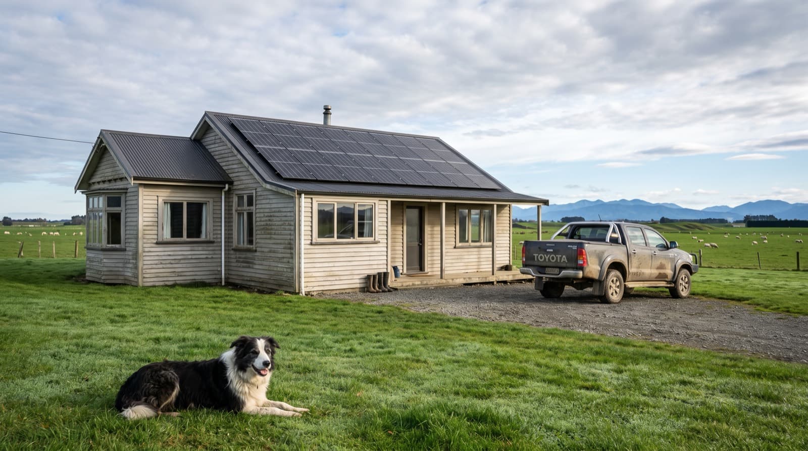 All-black solar panels on a Southland farmhouse with wide green plains, a big southern sky and the Takitimu ranges in the distance