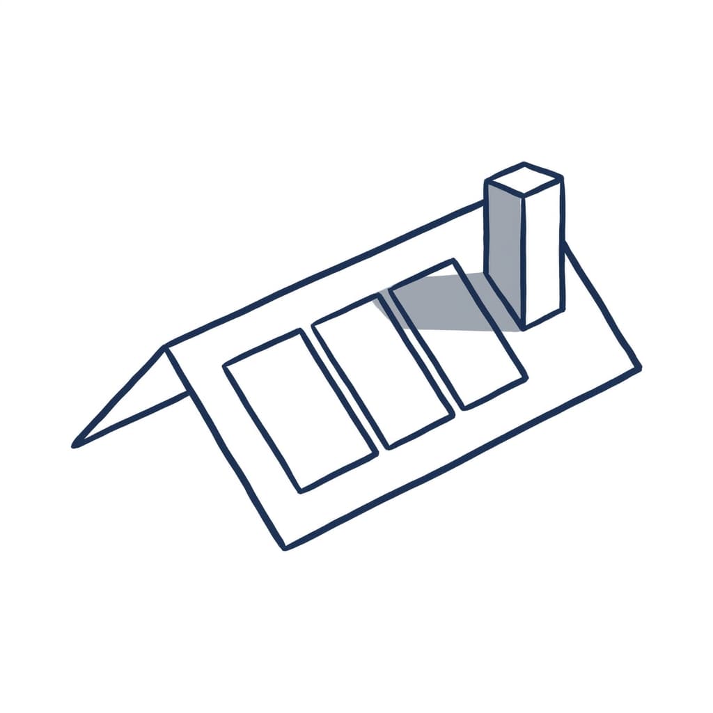 Line illustration of a solar array on a roof with a chimney casting shadow across two panels