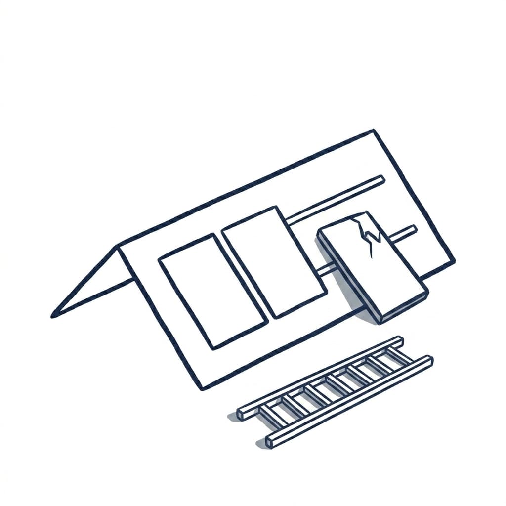 Line illustration of a solar panel slipping off a roof with a ladder fallen on the ground below