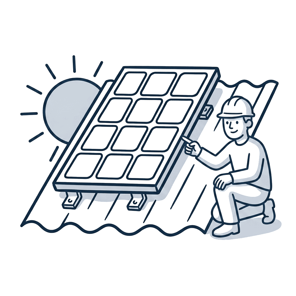 Hand-drawn line illustration of a solar installer fitting panels on a roof at sunrise