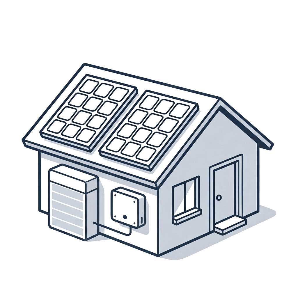 Hand-drawn line illustration of a house with solar panels on the roof and a prominent battery and inverter on the side wall