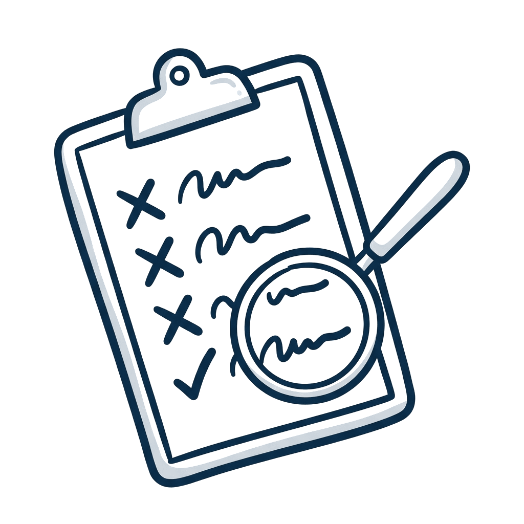 Hand-drawn line illustration of a clipboard with rejected and accepted entries under a magnifying glass