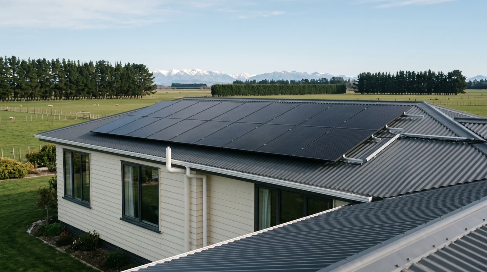 Solar panels on a Canterbury Plains weatherboard home with snow-capped Southern Alps in the distance