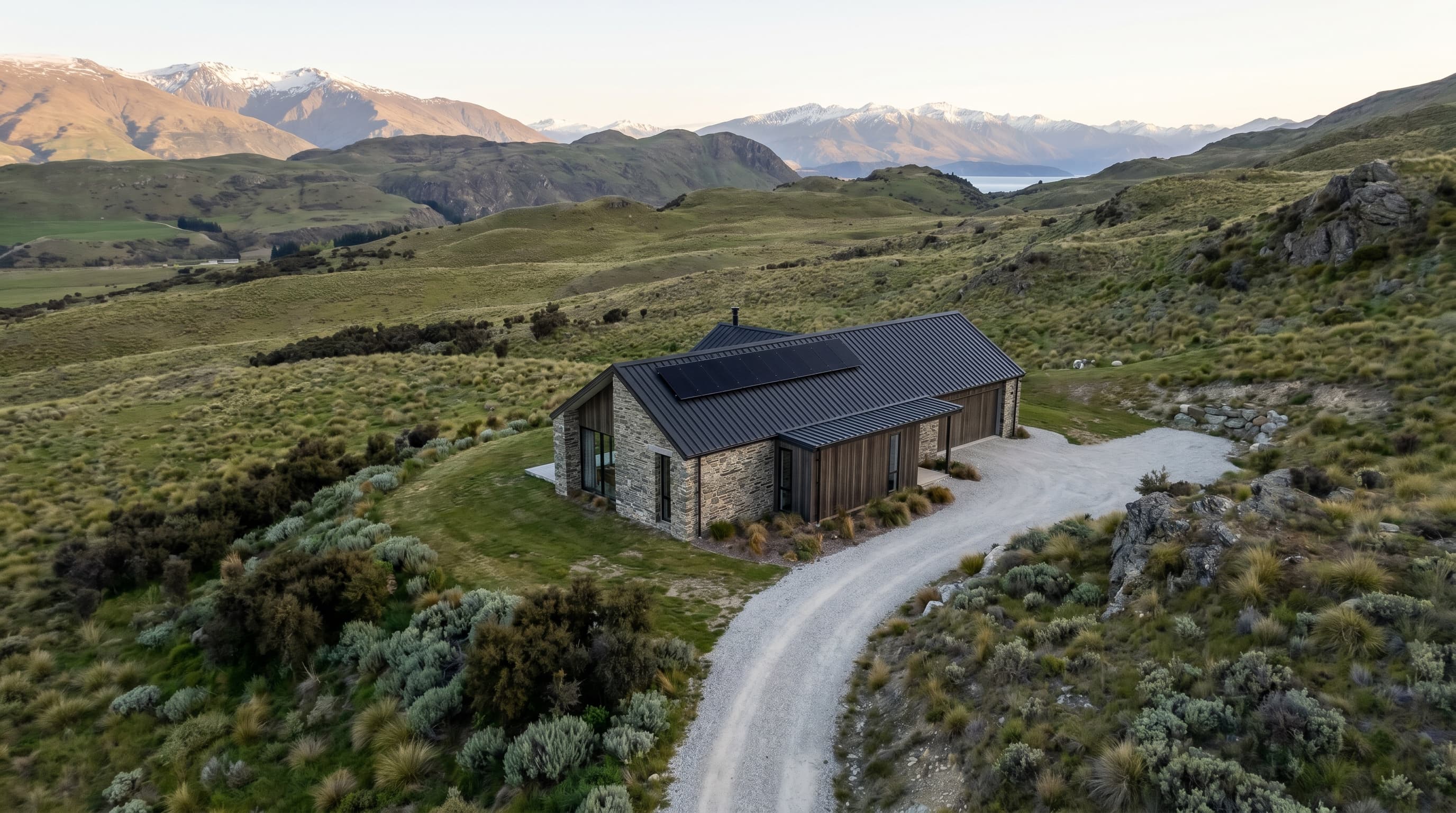 Solar panels on a Central Otago schist-stone home with golden tussock hills behind