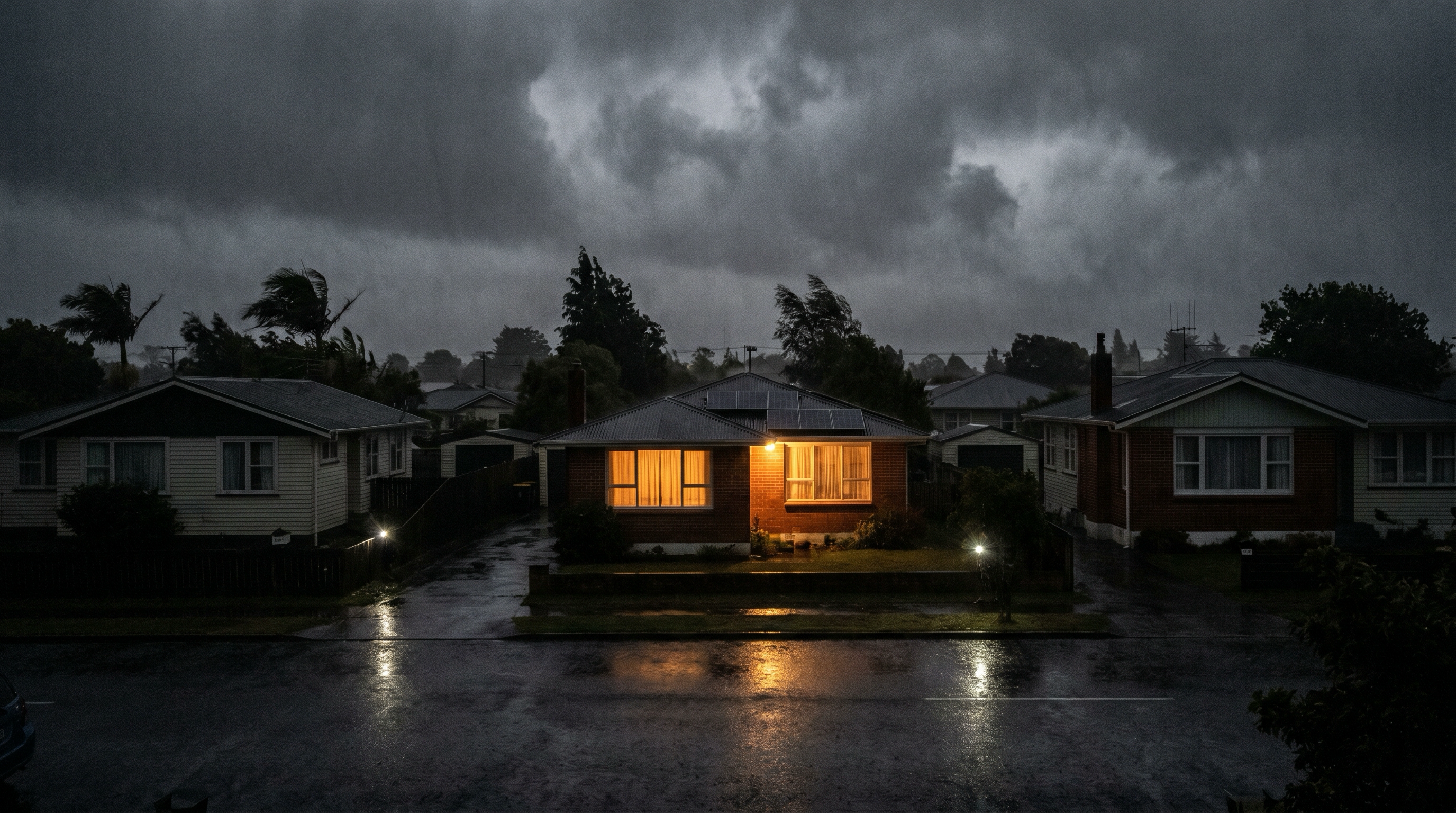 A New Zealand suburban street at night during a storm and power outage. Most homes are dark. One home is brightly lit, clearly running on battery backup.
