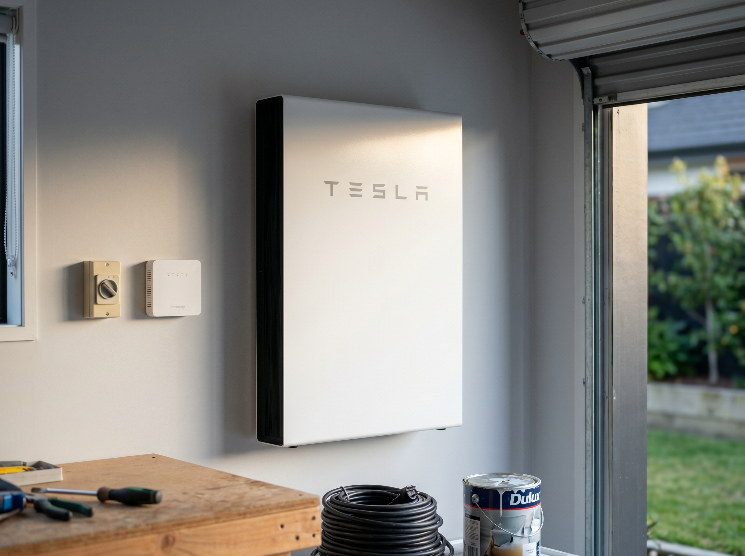A Tesla Powerwall 3 mounted on the wall of a New Zealand homeowner's garage, next to a small electrical isolator