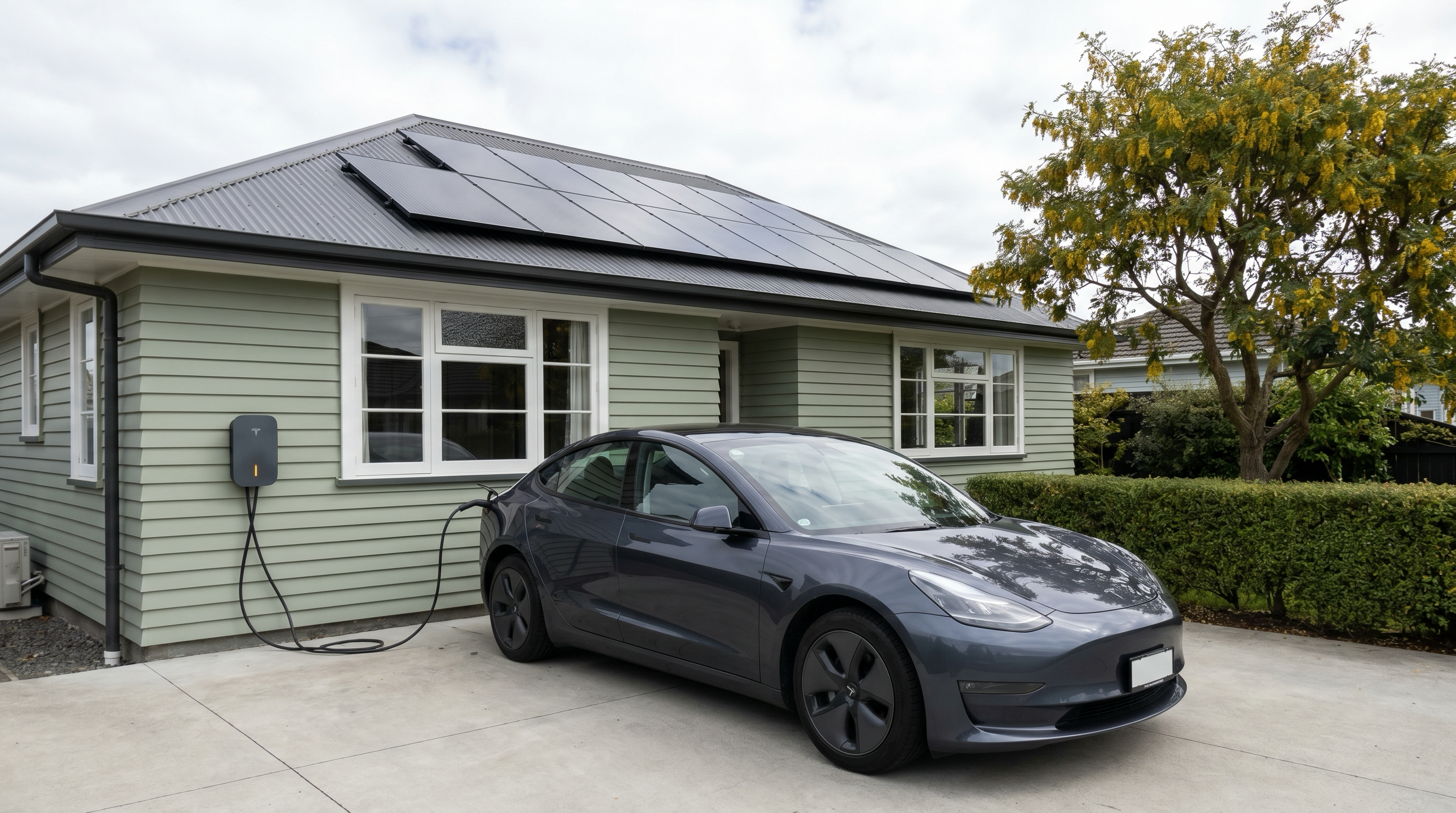 Documentary photo of a kiwi suburban driveway in mid-morning, charcoal EV plugged into a wall-mounted home charger on a pale-green weatherboard home with all-black solar panels on the charcoal corrugated roof above