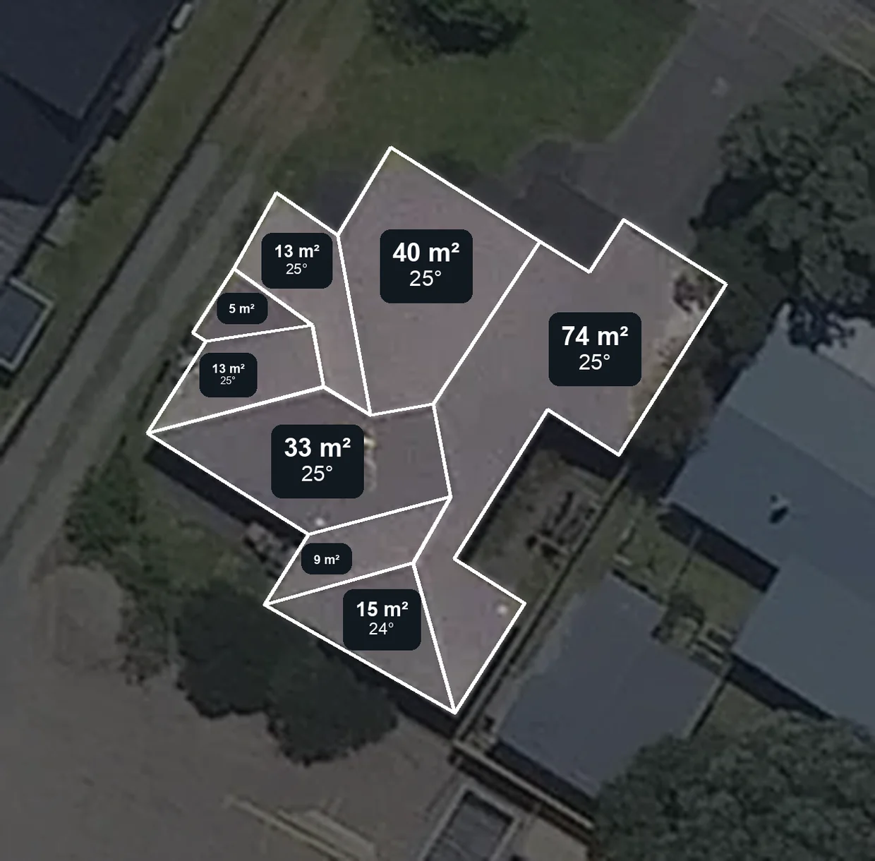 A real roof seen from above, every face labelled inside itself, the two smallest with their size only