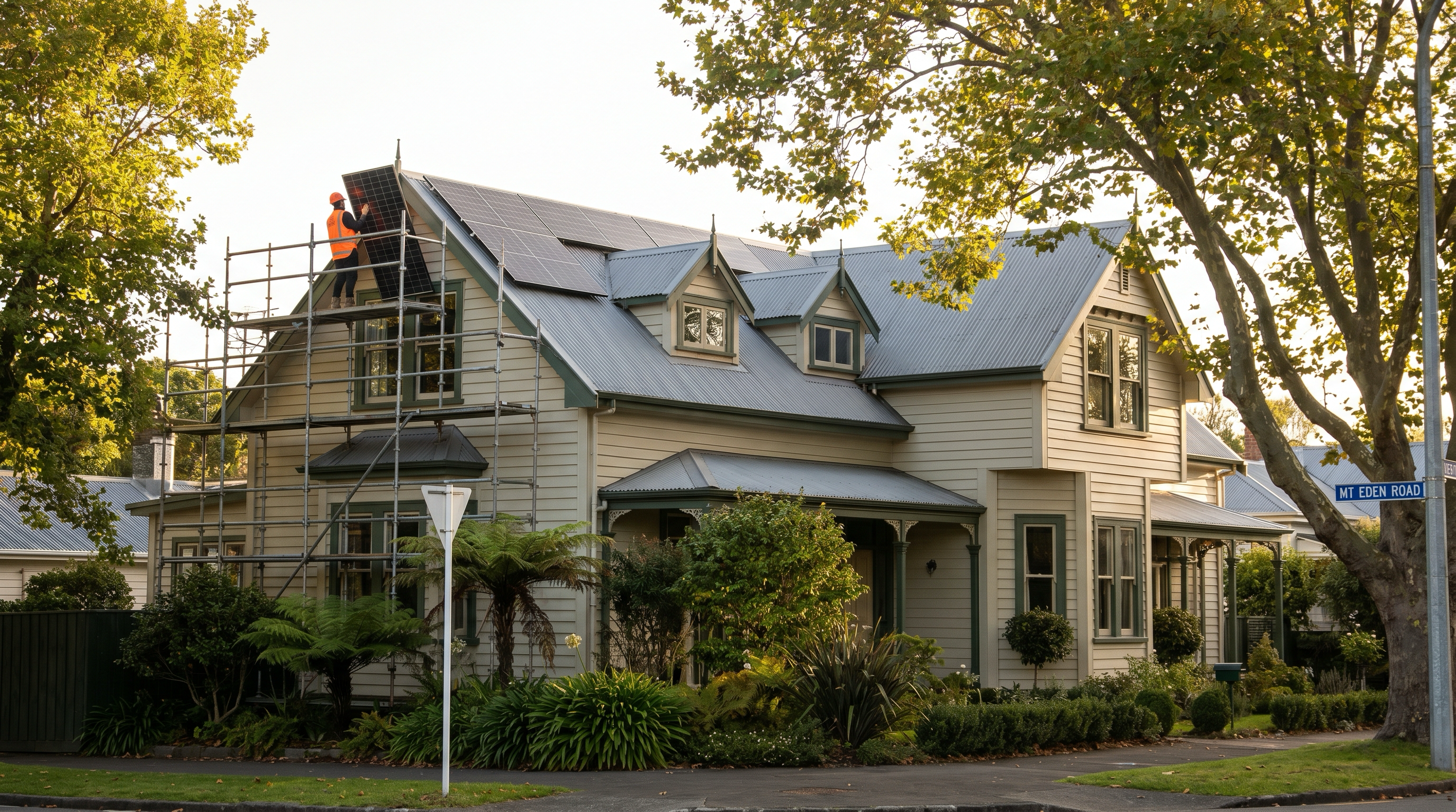 A New Zealand multi-level period villa with a complex gabled roof, scaffolding wrapped around the property, and an installer in hi-vis carrying a solar panel