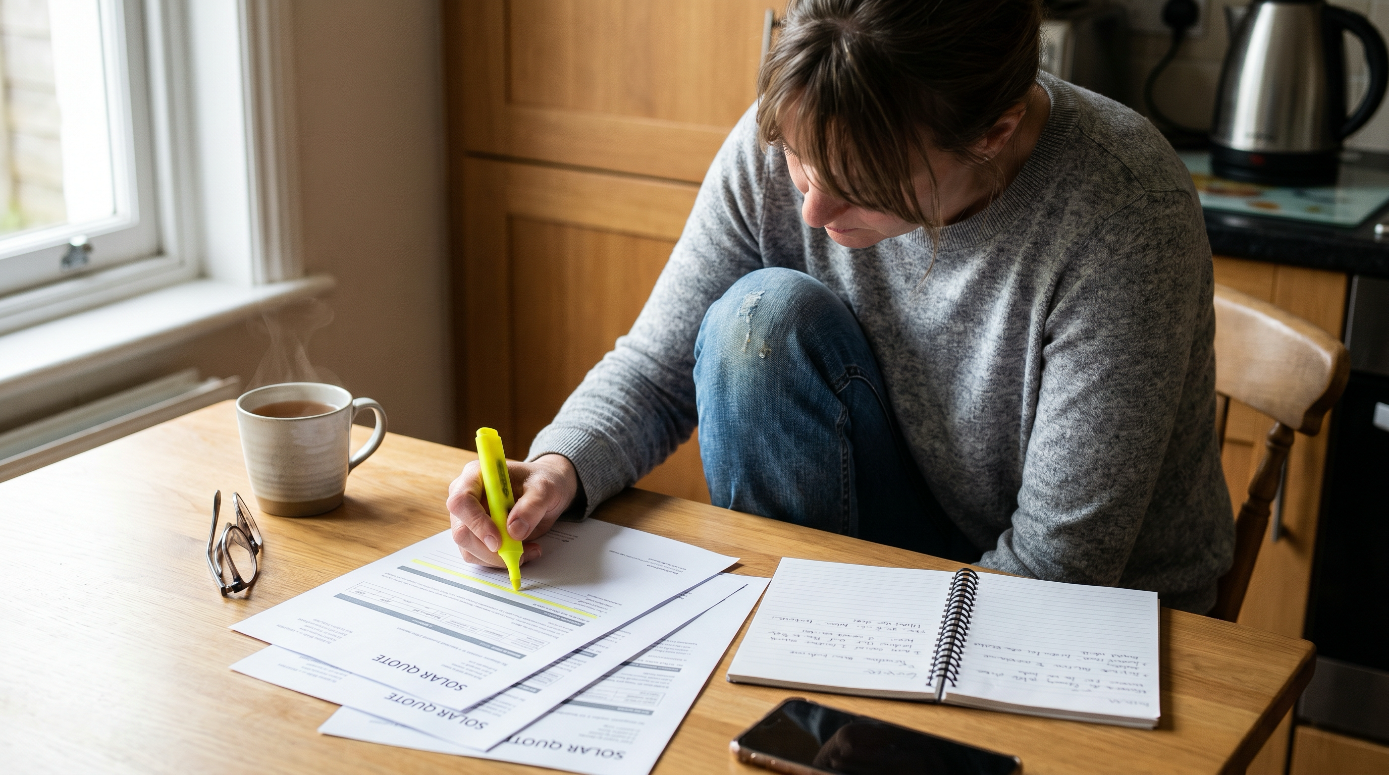 A New Zealand homeowner at a kitchen table reviewing a printed solar quote with a yellow highlighter