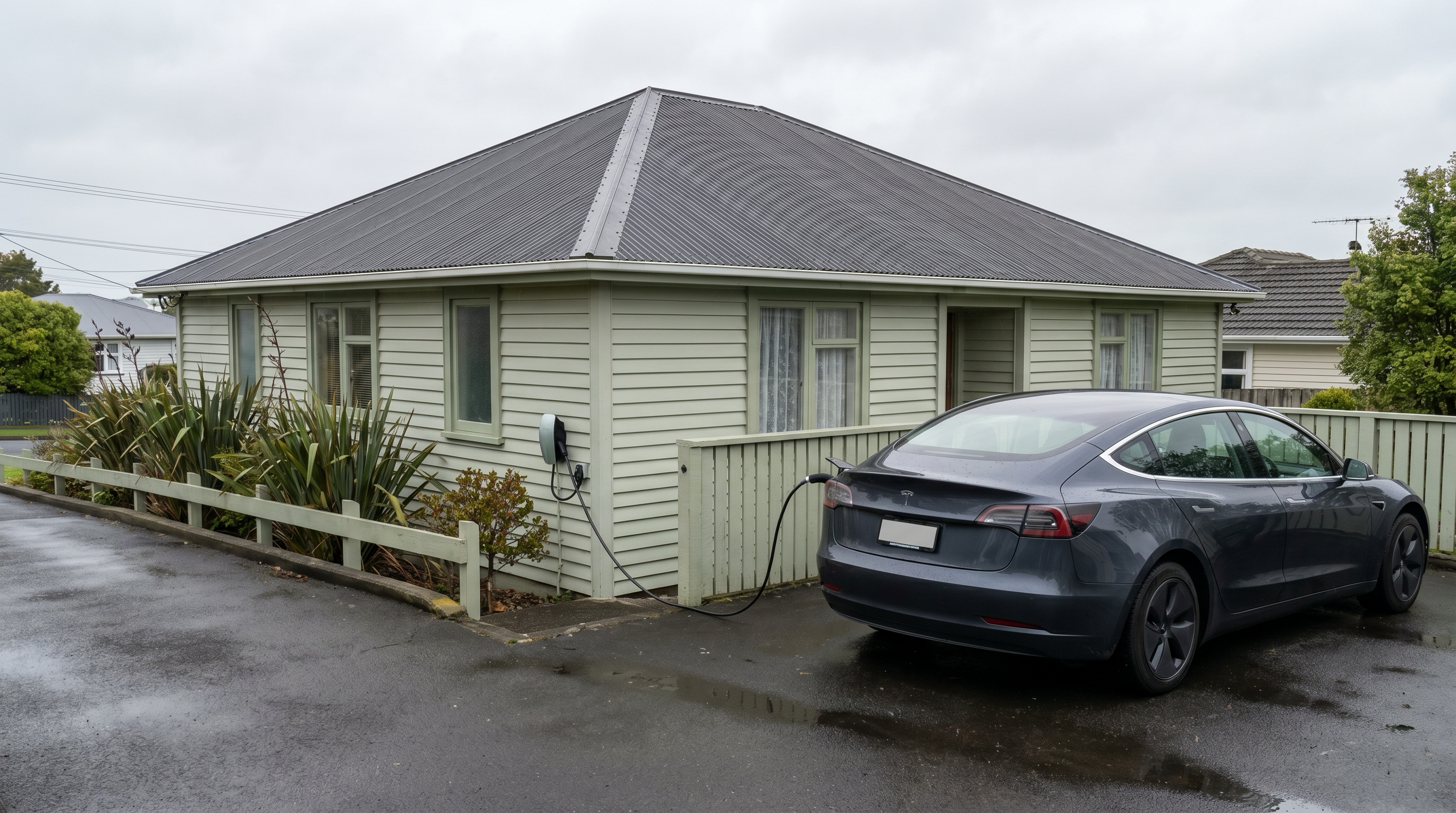 A New Zealand homeowner's driveway with an electric vehicle plugged into a wall-mounted charger on the side of a suburban home. The home has a bare metal roof with no solar panels installed yet.