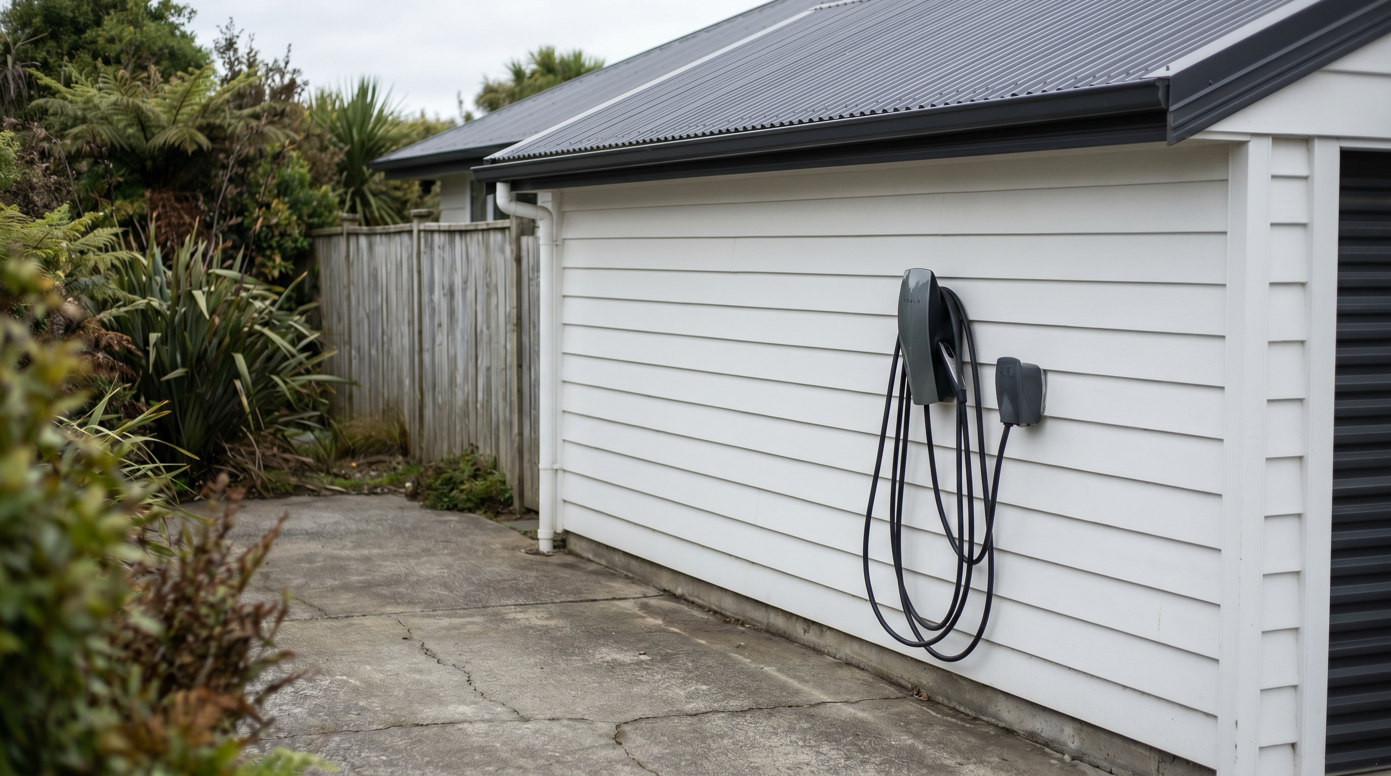 A modern wall-mounted EV smart charger installed on the exterior white weatherboard wall of a New Zealand home, with the charging cable coiled on its holster beside it.