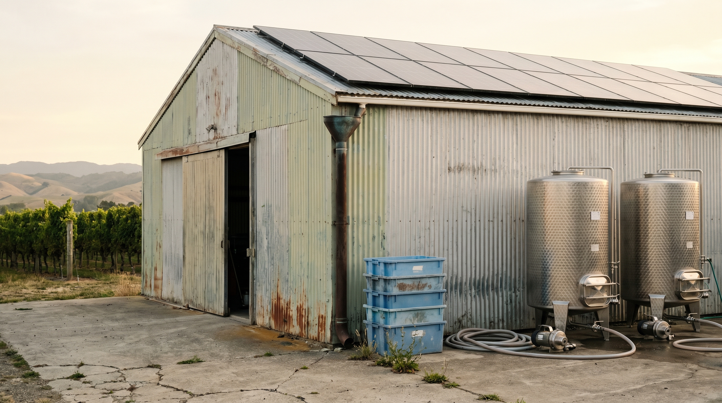 A New Zealand kiwifruit orchard with frost-protection fans and a packing-shed solar array