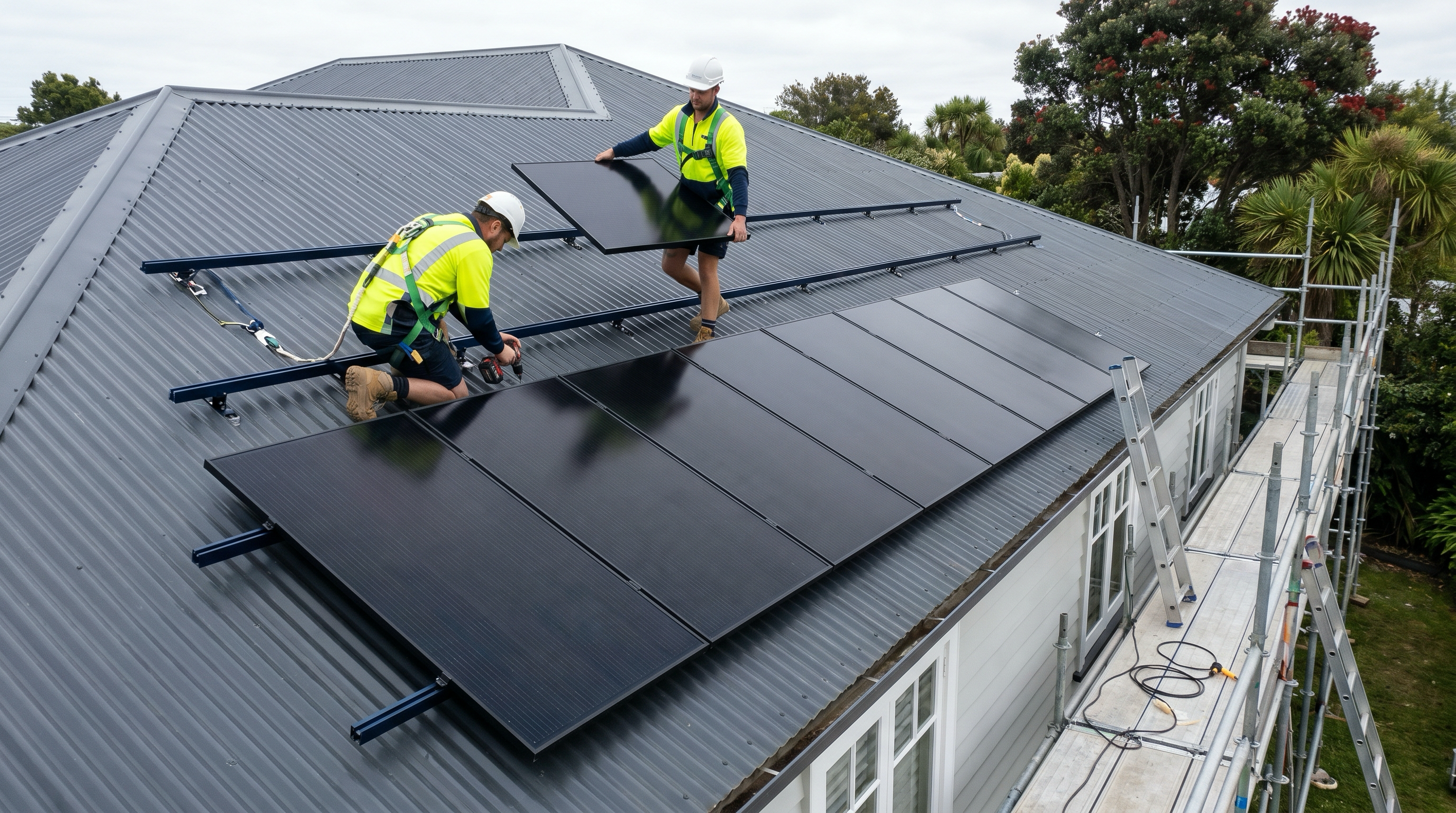 A two-person NZ install crew mid-task on a charcoal corrugated steel roof, laying all-black monocrystalline panels onto mounting rails with scaffolding erected alongside the house