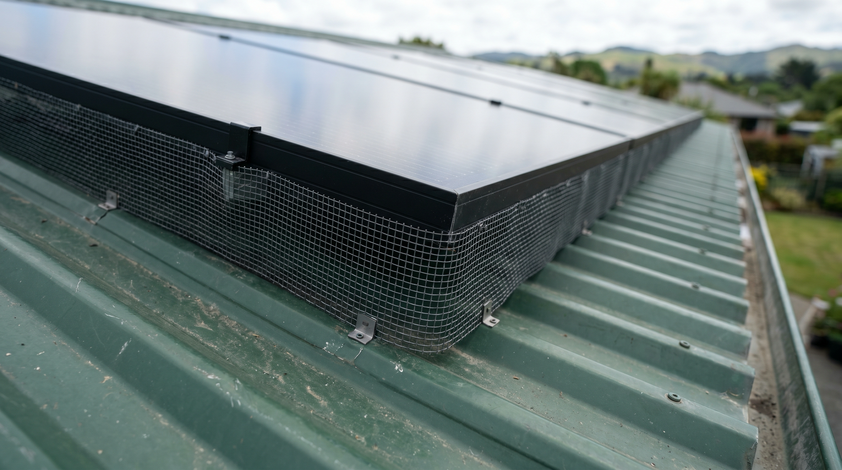 Close detail of bird-guard mesh installed around the perimeter edge of an all-black solar panel array on a New Zealand pitched roof.