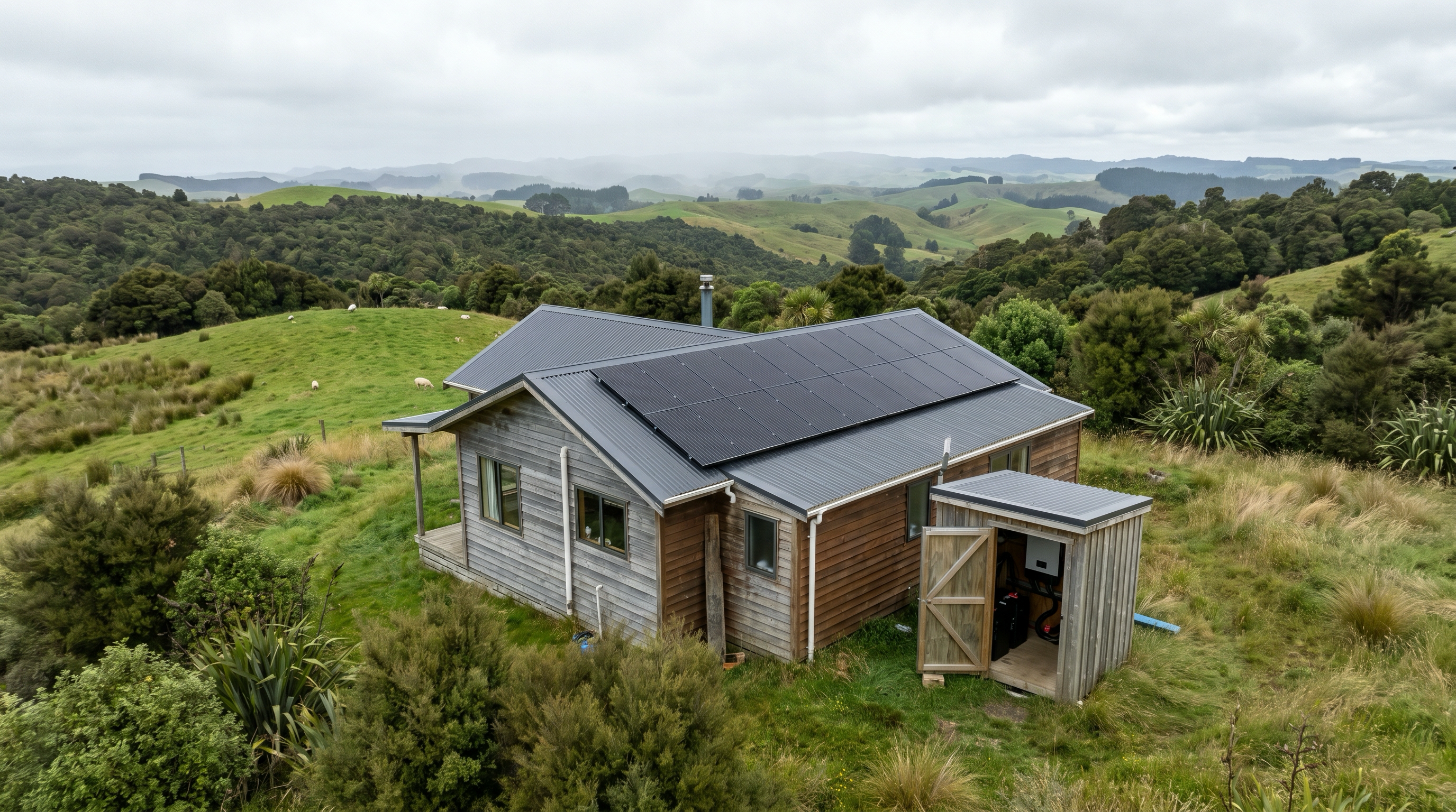 A remote rural New Zealand off-grid property: a modest single-storey home with all-black solar panels on the roof, a battery shed beside it, native bush and rolling hill country surrounding it, no power poles or grid lines anywhere in the frame.