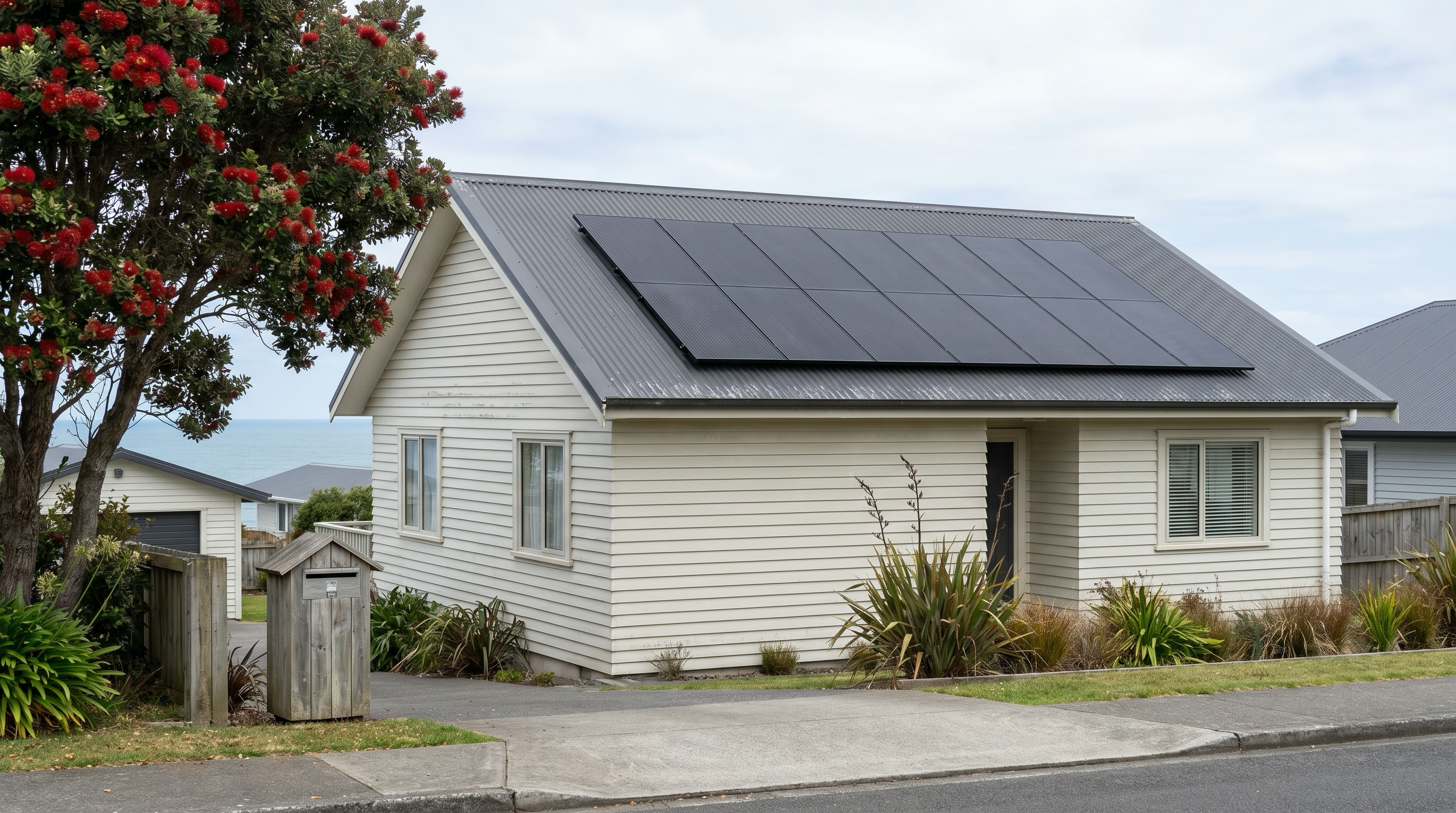 Documentary photo of a cream weatherboard NZ coastal home with all-black solar panels on a charcoal corrugated steel roof, mature pohutukawa with red flowers on the left, flax at the fence, ocean glimpse in the background