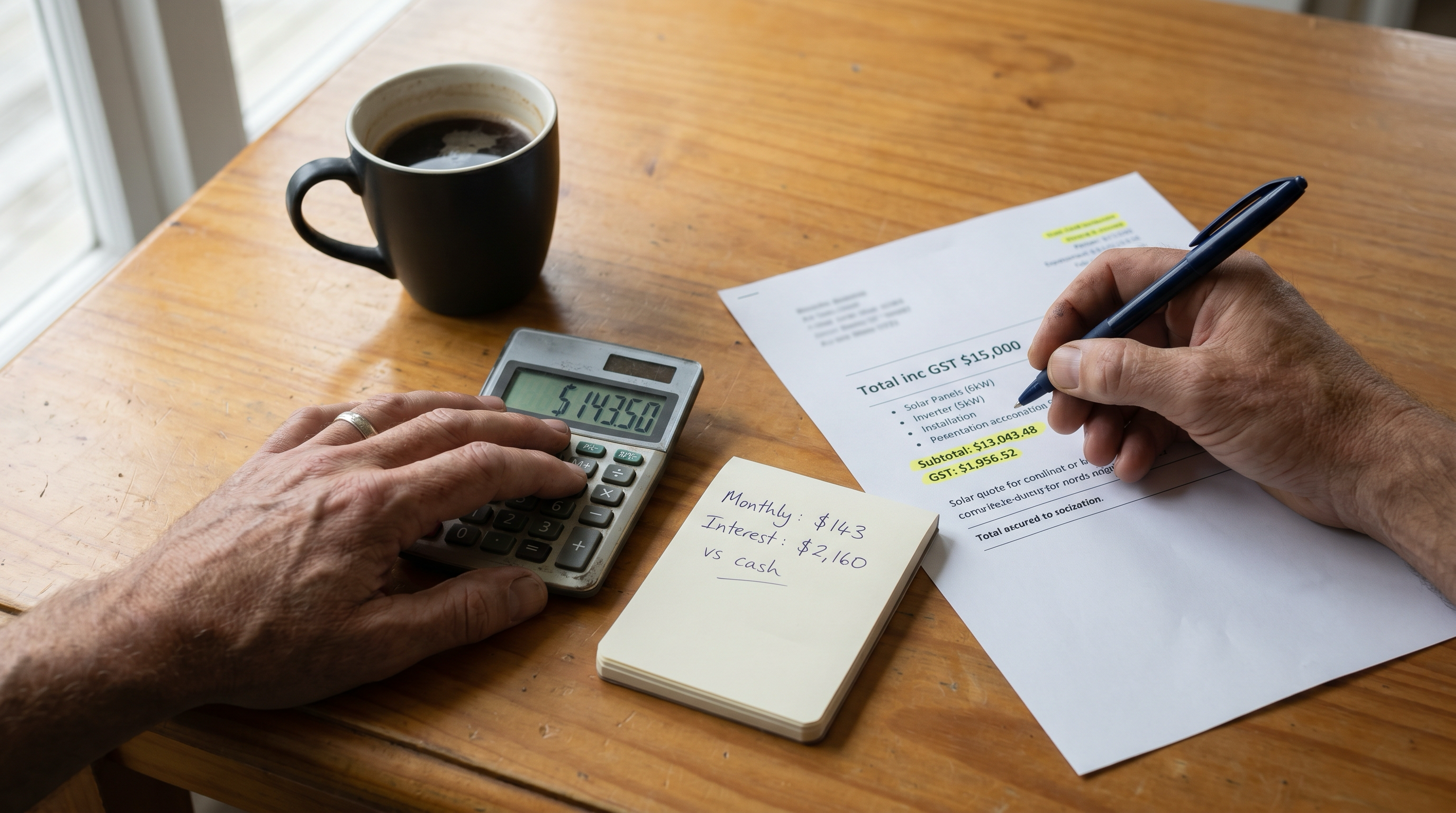 Documentary close-up of a kiwi homeowner's hands at a wooden kitchen table working through solar finance maths: calculator showing $143.50, blue pen annotating a printed quote showing Total inc GST $15,000, a notepad with handwritten monthly and interest figures
