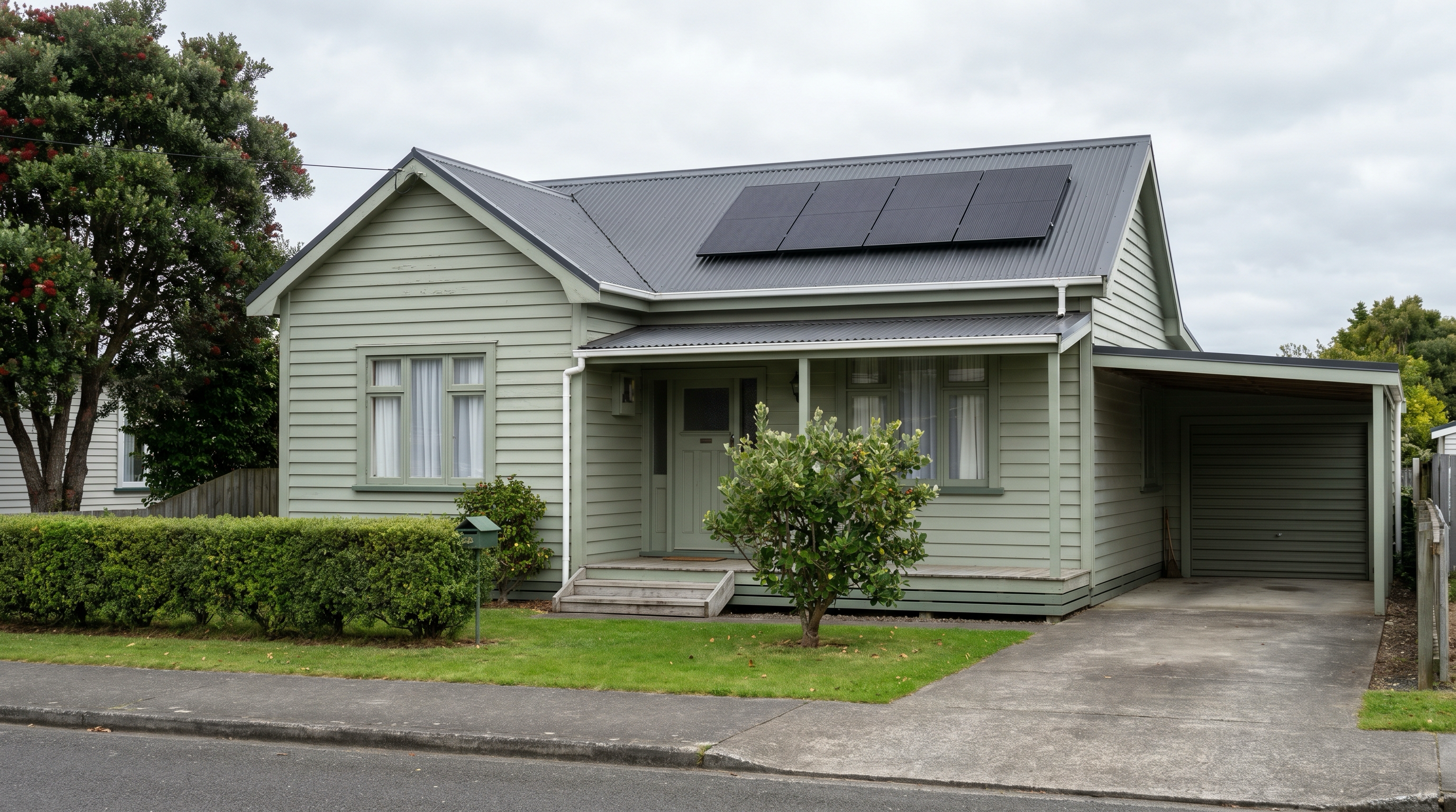 Documentary photo of a small pale-green weatherboard kiwi cottage with a small all-black solar array on the charcoal corrugated steel roof, mature pohutukawa to one side and a single carport