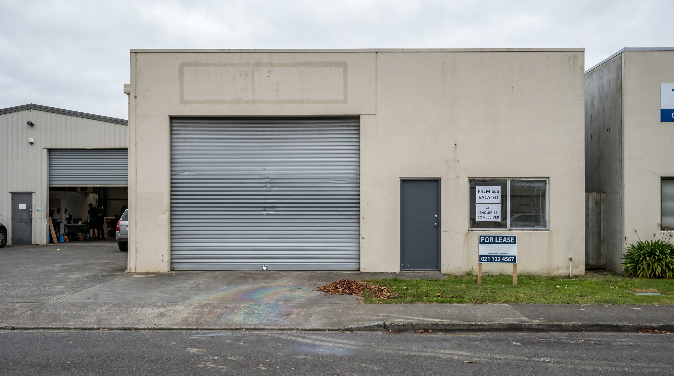 Documentary photo of a closed NZ light-industrial unit: roller door shut, faded outline above where the former solar company's signage was mounted, Premises Vacated notice taped to the office glass and a For Lease sign on a stake out the front
