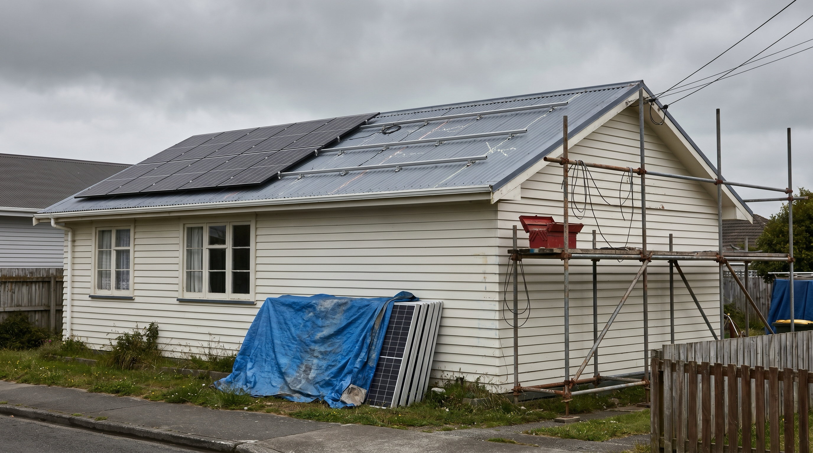 A New Zealand suburban home with a half-installed solar array on the roof, unmounted panels stacked against the wall, scaffolding still erected, no workers present.