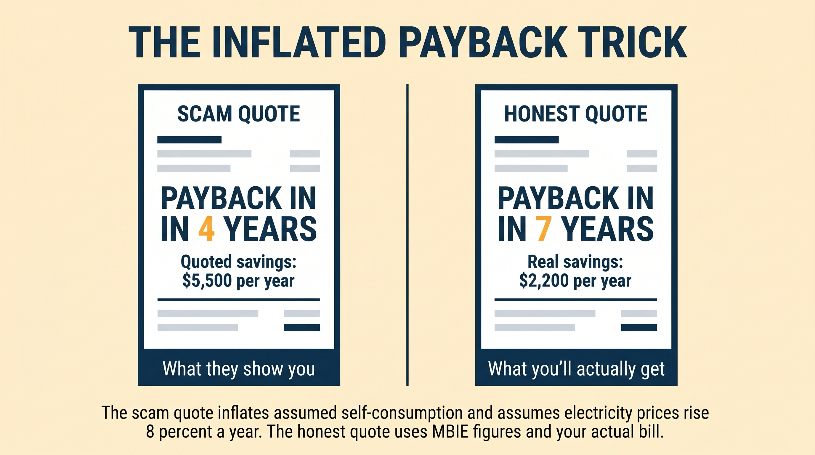 Editorial illustration of two quote documents side by side. Left labelled SCAM QUOTE with 4 YEAR payback. Right labelled HONEST QUOTE with 7 YEAR payback.