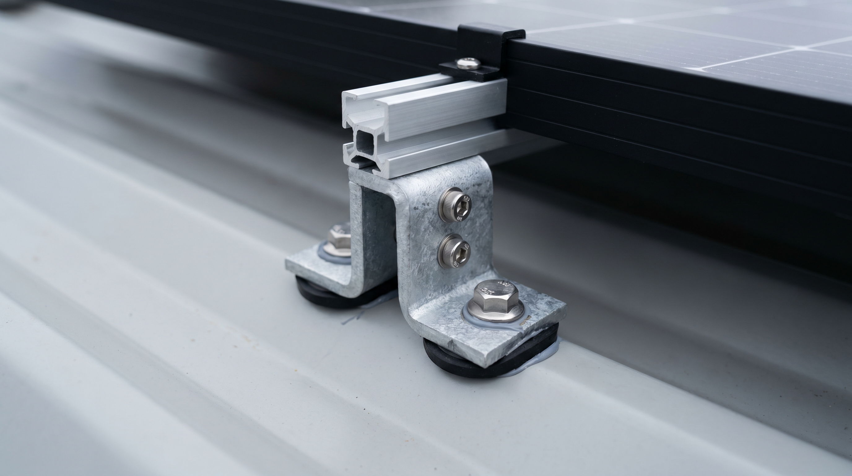 Macro engineering detail of an aluminium L-foot bracket clamped onto a Klip-Lok roof seam with a stainless steel bolt and EPDM seal, supporting a row of all-black solar panels