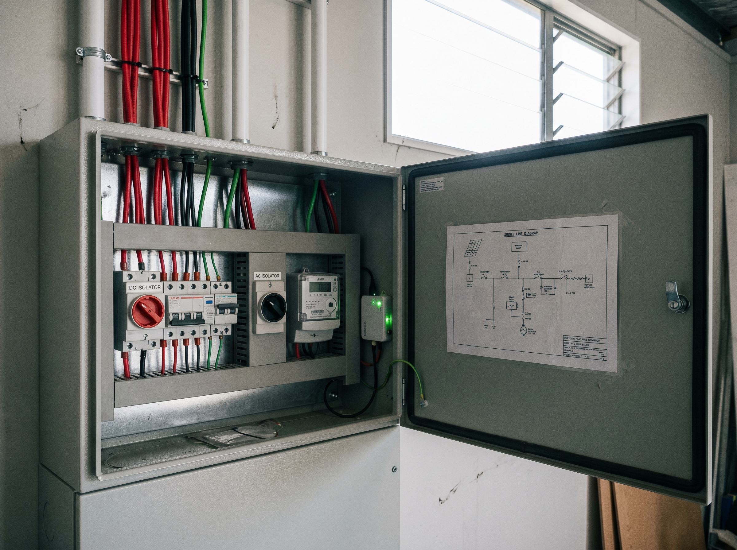 Close crop of a recently installed commercial solar electrical switchboard with labelled DC and AC isolators and white SY conduit