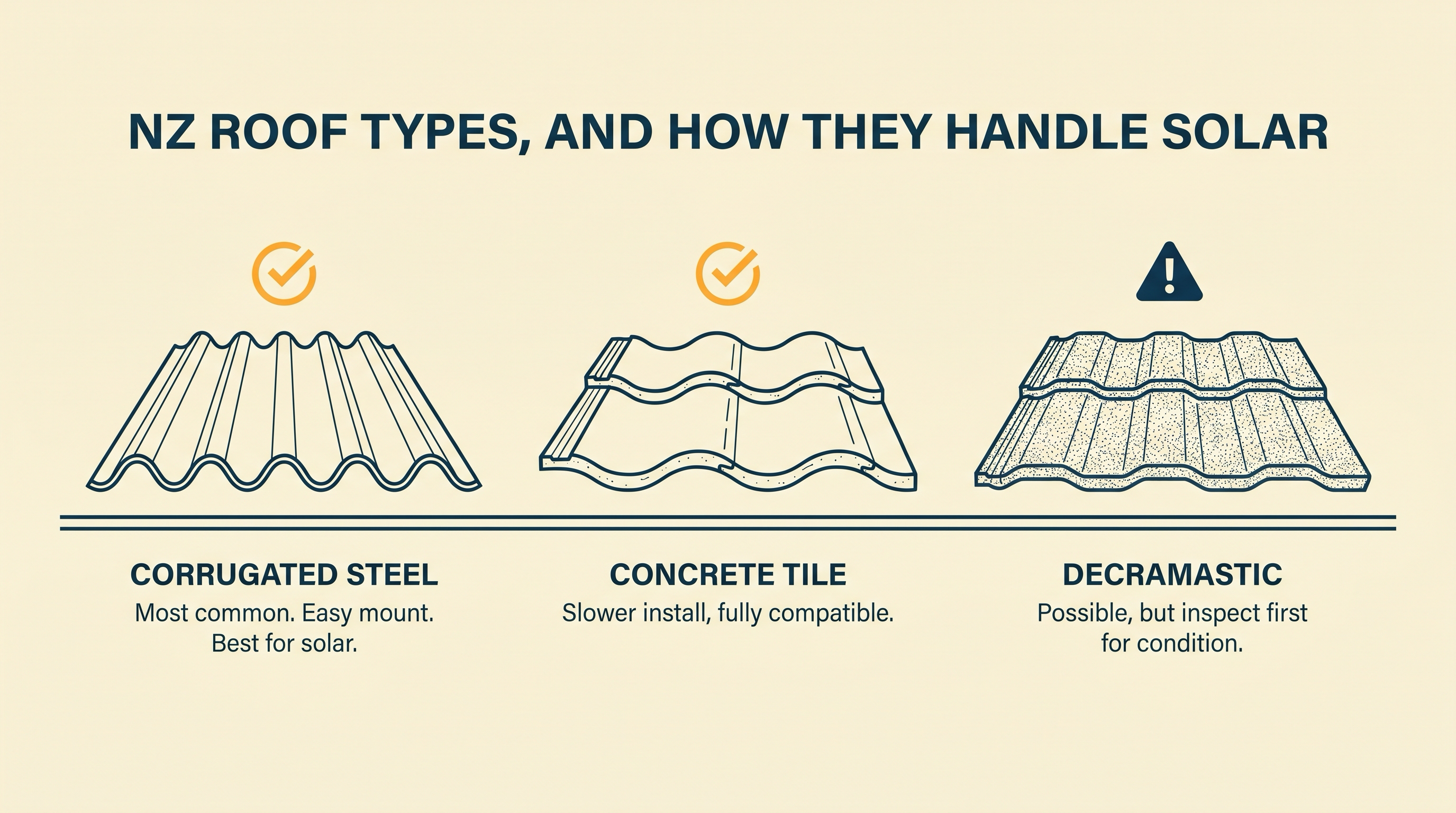 Editorial illustration of three roof-material cross-sections side by side: corrugated longrun steel with a tick, concrete tile with a tick, decramastic with a warning.