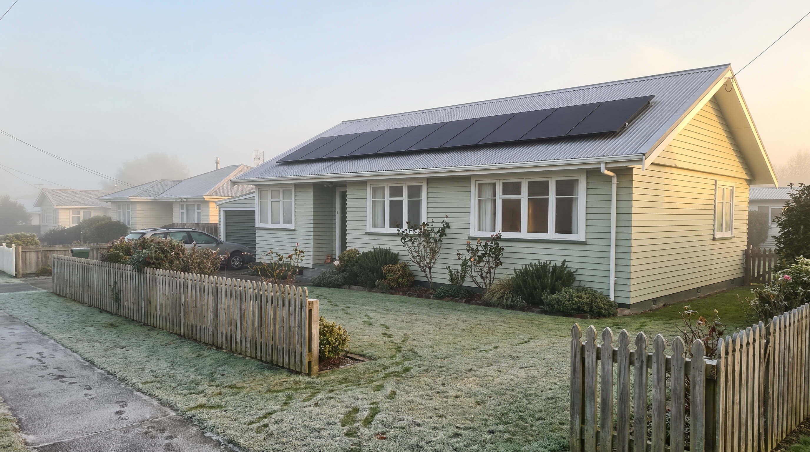 A New Zealand suburban single-storey home in early winter morning. Frost on the lawn, low golden sun, eight all-black solar panels on the pitched roof, soft fog in the far distance.