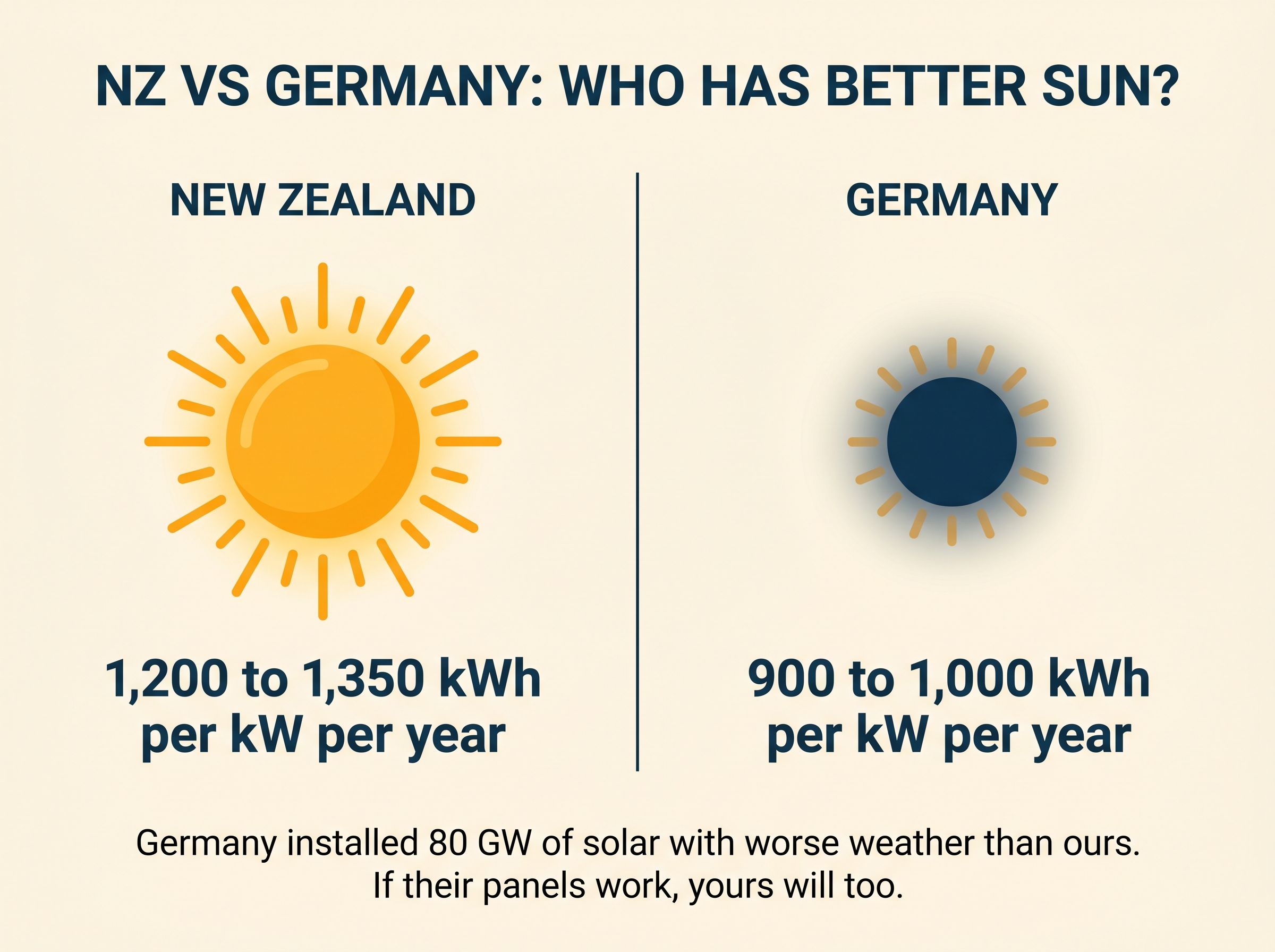 Editorial graphic comparing New Zealand and Germany. NZ shows 1,200 to 1,350 kWh per kW per year, Germany shows 900 to 1,000.