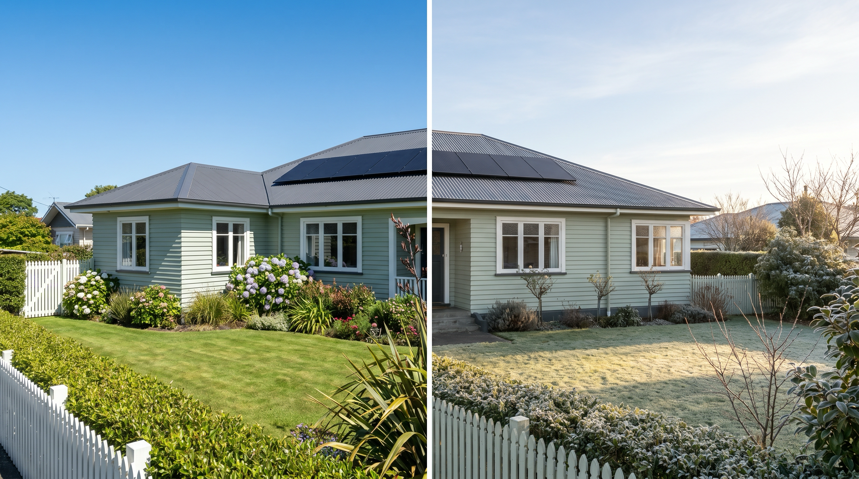 Split-frame photograph of the same New Zealand home shown in summer on the left with high overhead sun and green lawn, versus winter on the right with low golden light and frost on the lawn.