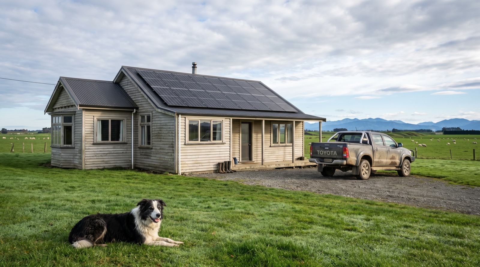 All-black solar panels on a Southland farmhouse with wide green plains, a big southern sky and the Takitimu ranges in the distance